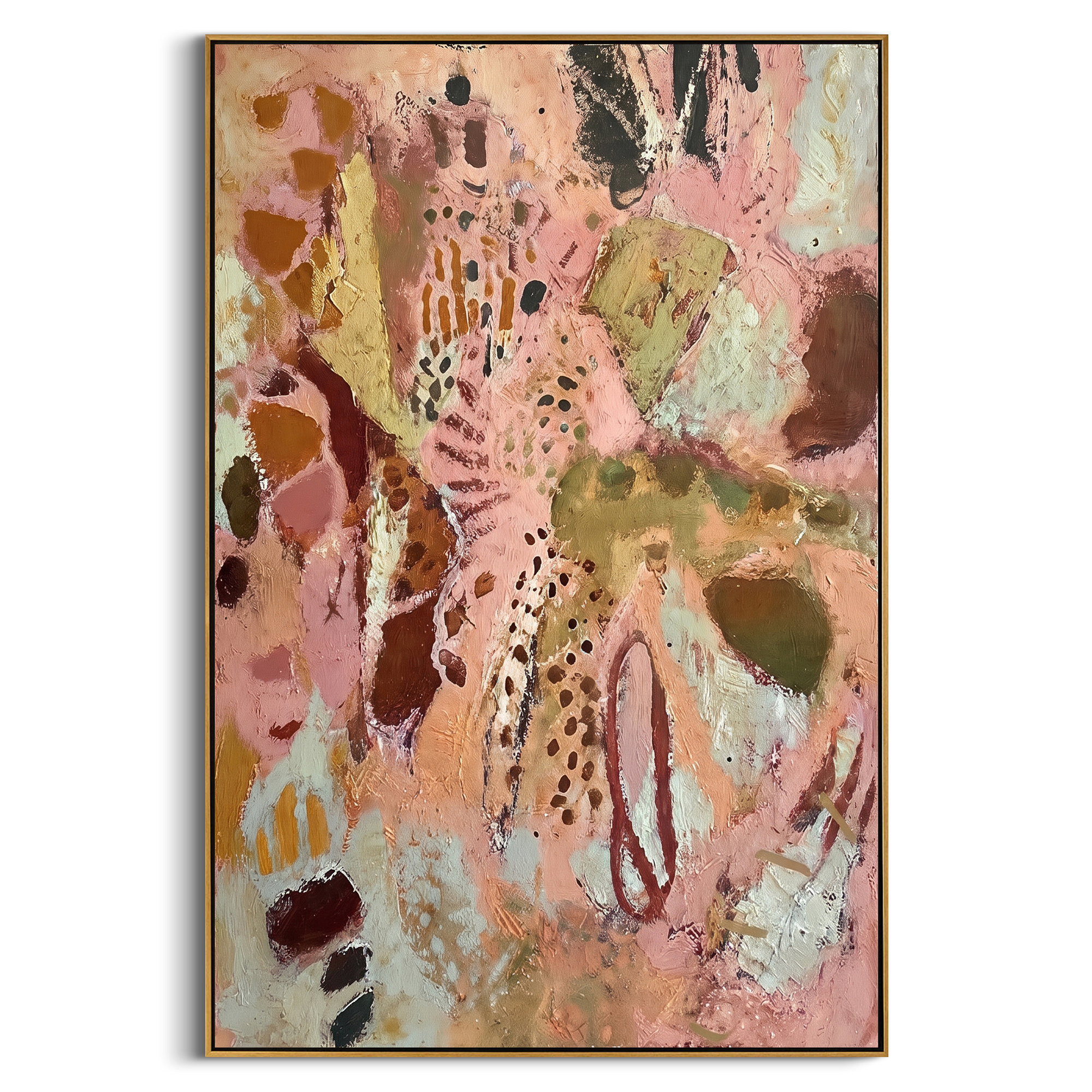 "Dusty Rose Bohemian Pattern Painting" focuses on atmosphere, surface movement, and sculptural heavy impasto craftsmanship rather than a fixed literal storyline. The composition uses this hand-painted vertical canvas presents a dusty rose bohemian pattern abstract with warm beige fields, brown and olive forms, black dotted marks, red line accents, and softly weathered plaster-like texture as the visual anchor, while layered palette-knife paint, raised plaster-like texture, and softened brush