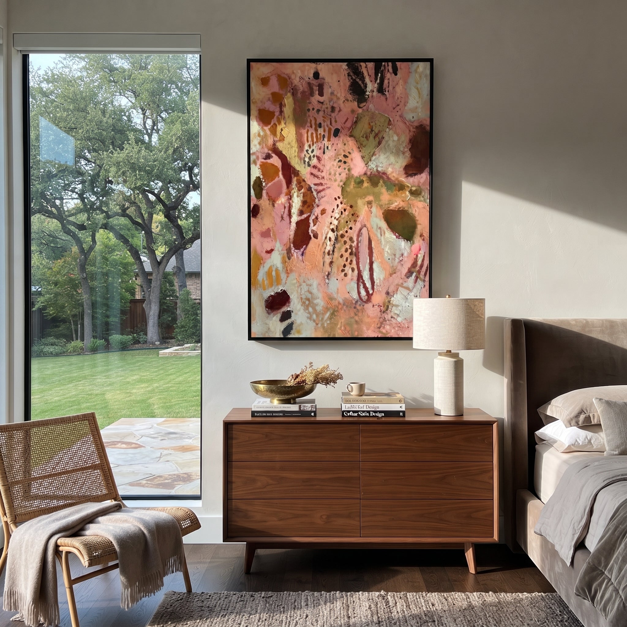 "Dusty Rose Bohemian Pattern Painting" focuses on atmosphere, surface movement, and sculptural heavy impasto craftsmanship rather than a fixed literal storyline. The composition uses this hand-painted vertical canvas presents a dusty rose bohemian pattern abstract with warm beige fields, brown and olive forms, black dotted marks, red line accents, and softly weathered plaster-like texture as the visual anchor, while layered palette-knife paint, raised plaster-like texture, and softened brush