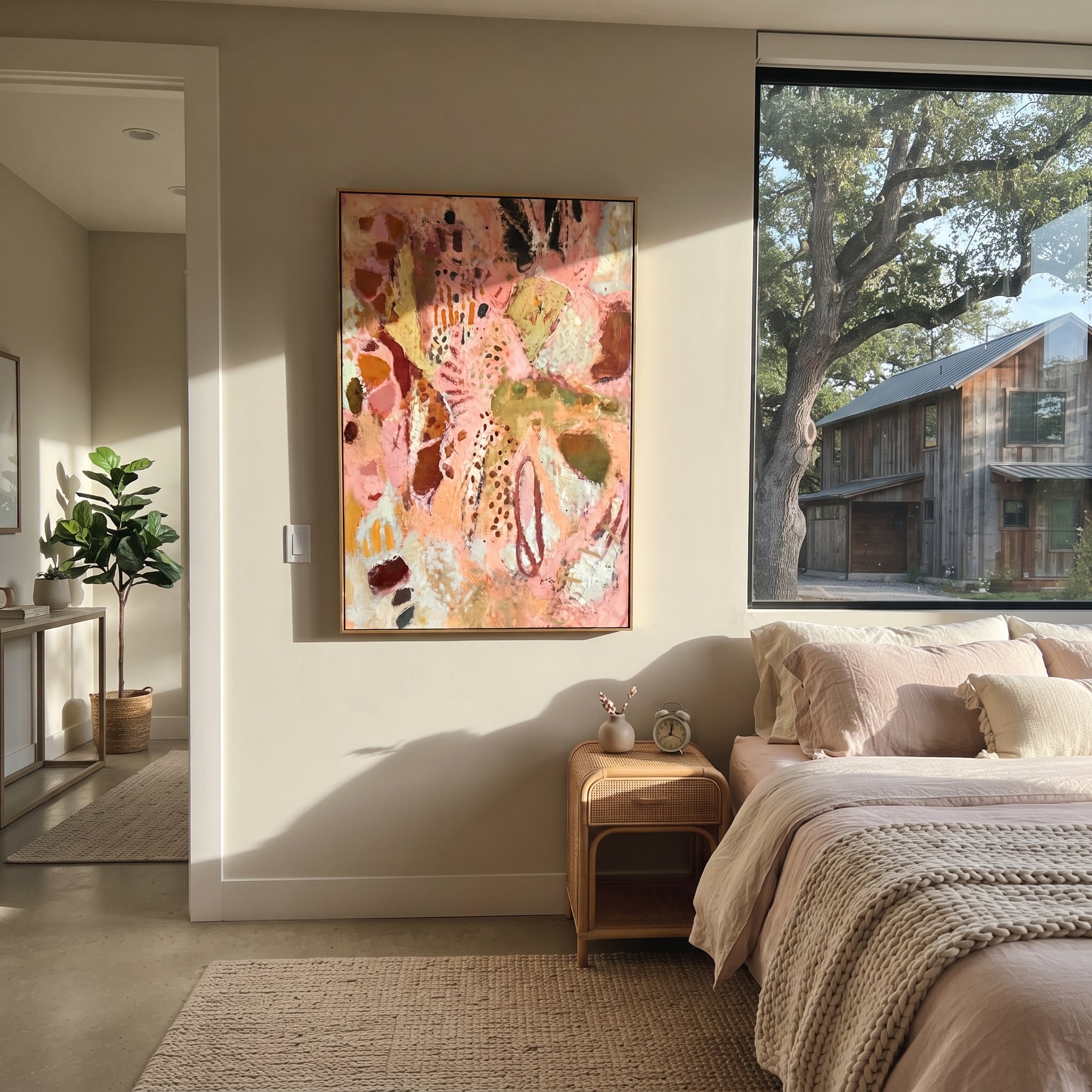 "Dusty Rose Bohemian Pattern Painting" focuses on atmosphere, surface movement, and sculptural heavy impasto craftsmanship rather than a fixed literal storyline. The composition uses this hand-painted vertical canvas presents a dusty rose bohemian pattern abstract with warm beige fields, brown and olive forms, black dotted marks, red line accents, and softly weathered plaster-like texture as the visual anchor, while layered palette-knife paint, raised plaster-like texture, and softened brush