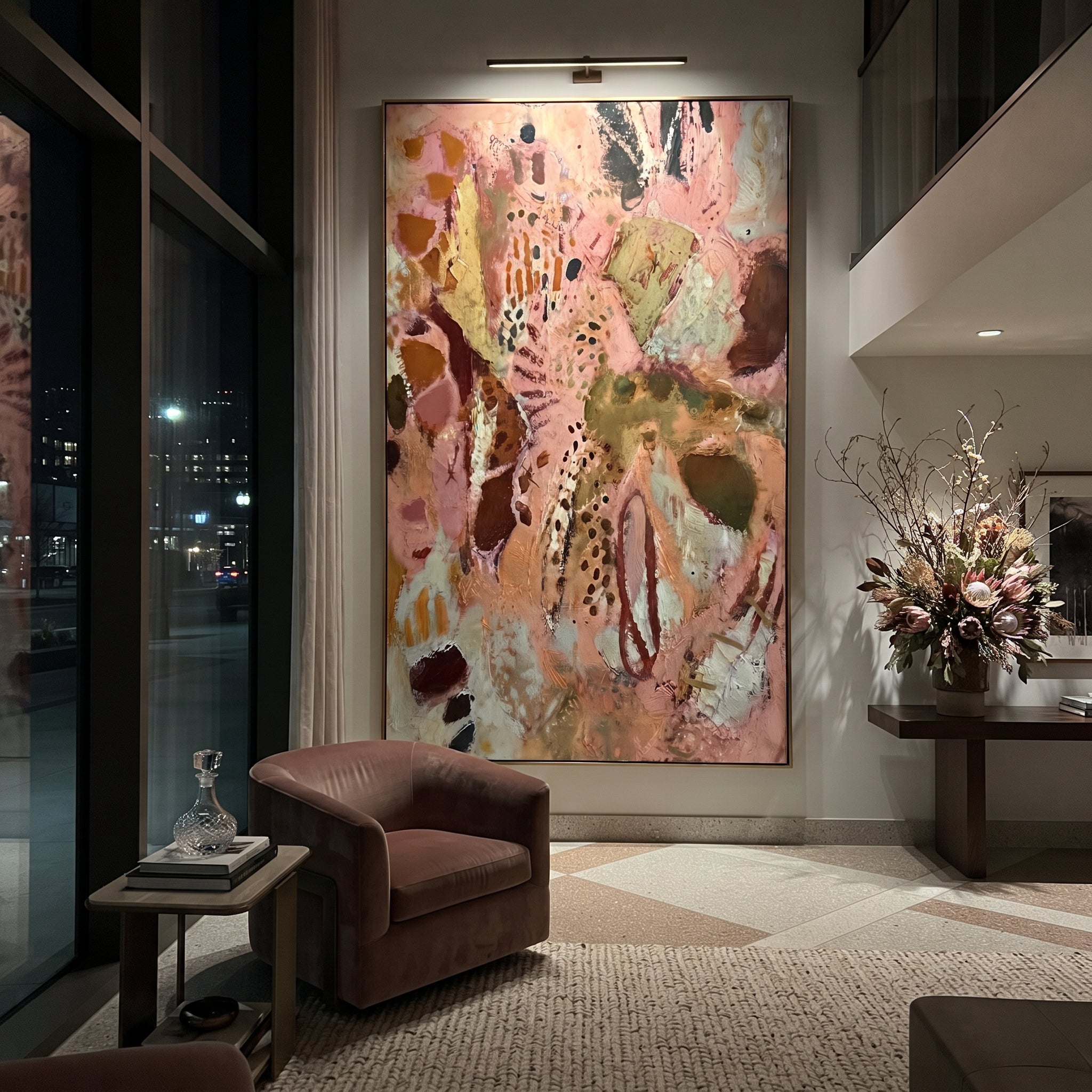 "Dusty Rose Bohemian Pattern Painting" focuses on atmosphere, surface movement, and sculptural heavy impasto craftsmanship rather than a fixed literal storyline. The composition uses this hand-painted vertical canvas presents a dusty rose bohemian pattern abstract with warm beige fields, brown and olive forms, black dotted marks, red line accents, and softly weathered plaster-like texture as the visual anchor, while layered palette-knife paint, raised plaster-like texture, and softened brush