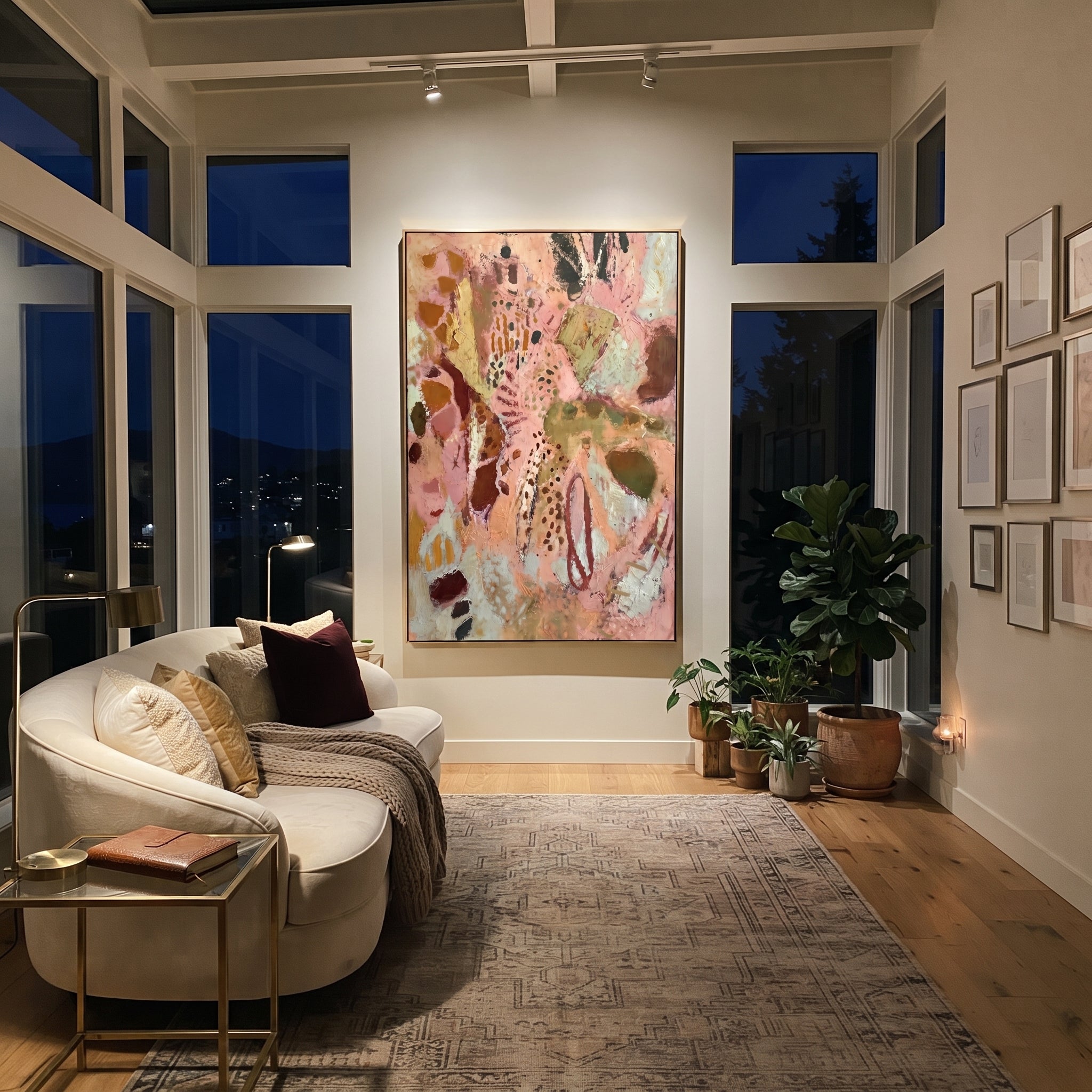"Dusty Rose Bohemian Pattern Painting" focuses on atmosphere, surface movement, and sculptural heavy impasto craftsmanship rather than a fixed literal storyline. The composition uses this hand-painted vertical canvas presents a dusty rose bohemian pattern abstract with warm beige fields, brown and olive forms, black dotted marks, red line accents, and softly weathered plaster-like texture as the visual anchor, while layered palette-knife paint, raised plaster-like texture, and softened brush