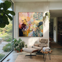 "Luminous Bohemian Botanical Painting" focuses on atmosphere, surface movement, and sculptural heavy impasto craftsmanship rather than a fixed literal storyline. The composition uses this hand-painted square canvas presents a luminous bohemian botanical abstract with layered green foliage, pastel pink and yellow floral forms, teal branches, dark contrast, dotted texture, and airy garden movement as the visual anchor, while layered palette-knife paint, raised plaster-like texture, and softened