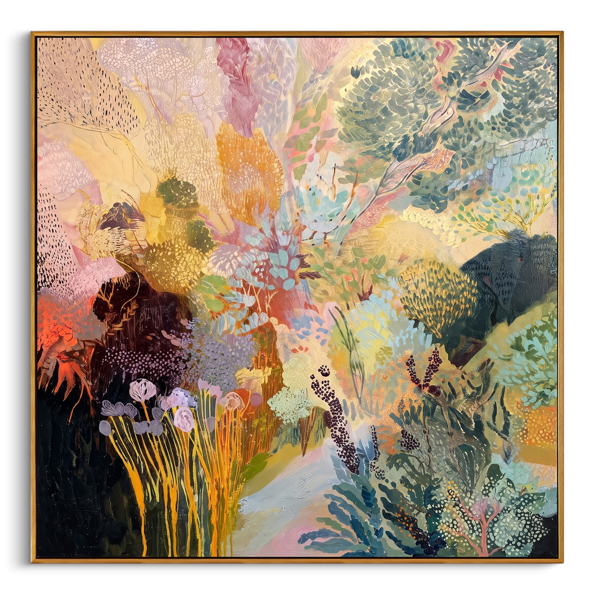 "Luminous Bohemian Botanical Painting" - Modern Heavy Impasto Floral Abstract | Green & Yellow Palette Knife Painting | Luxury Square Wall Art #PT 1386