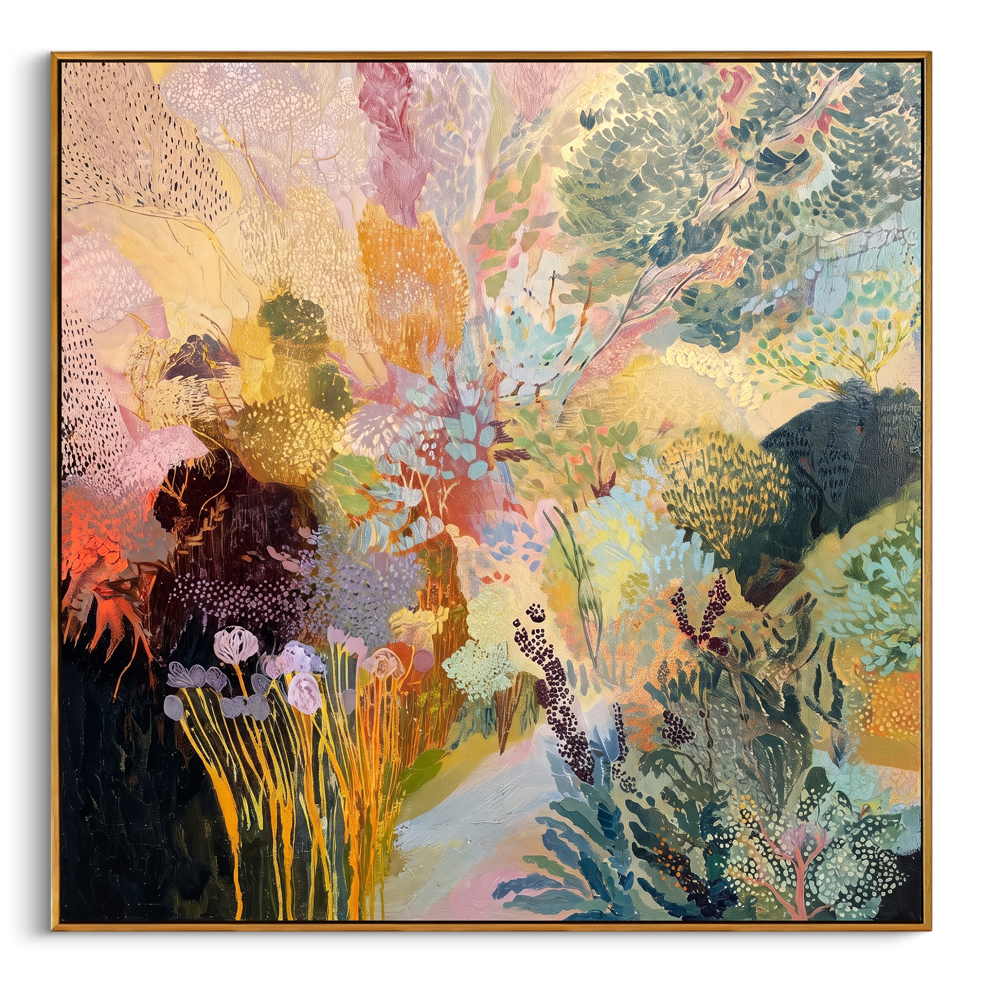 "Luminous Bohemian Botanical Painting" focuses on atmosphere, surface movement, and sculptural heavy impasto craftsmanship rather than a fixed literal storyline. The composition uses this hand-painted square canvas presents a luminous bohemian botanical abstract with layered green foliage, pastel pink and yellow floral forms, teal branches, dark contrast, dotted texture, and airy garden movement as the visual anchor, while layered palette-knife paint, raised plaster-like texture, and softened