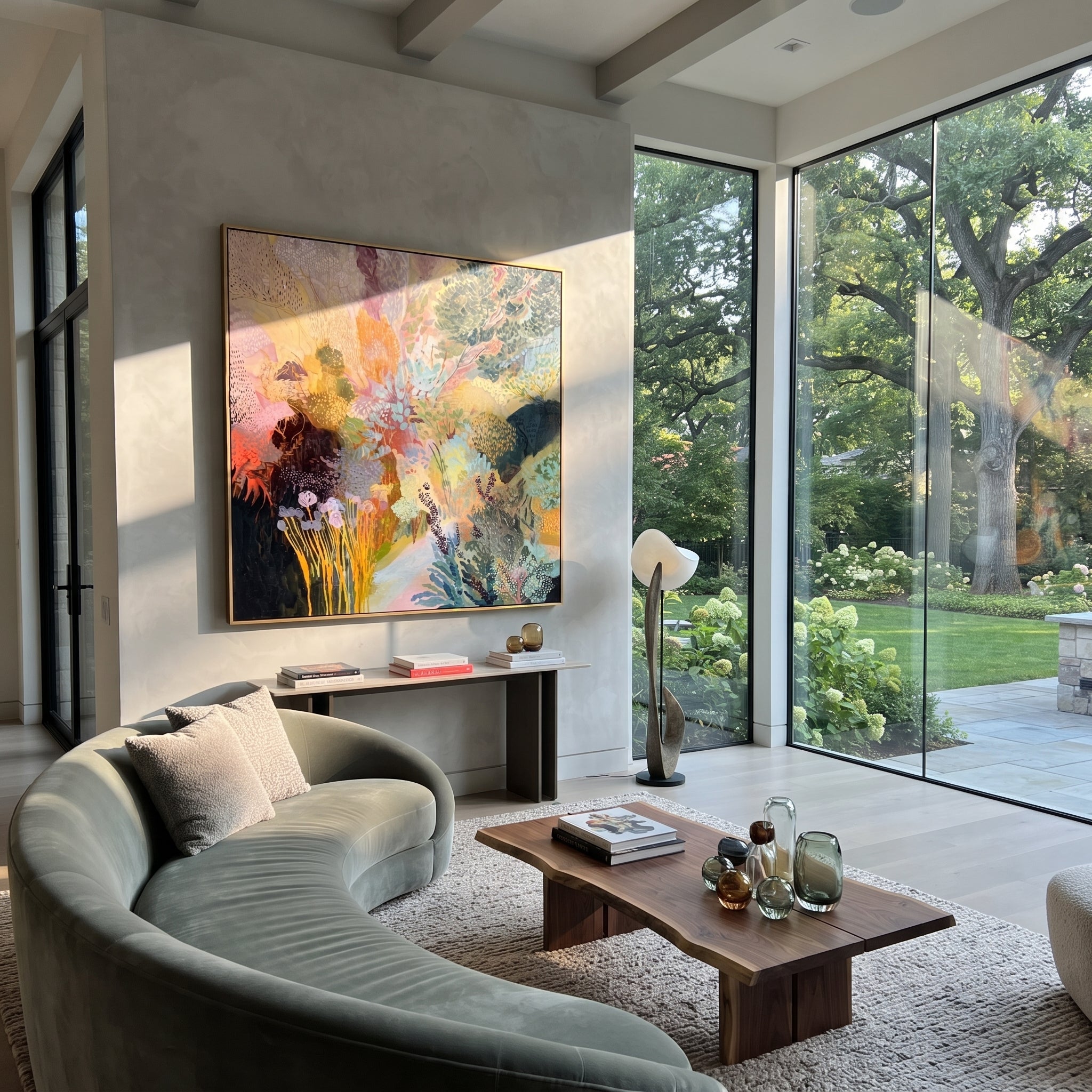 "Luminous Bohemian Botanical Painting" focuses on atmosphere, surface movement, and sculptural heavy impasto craftsmanship rather than a fixed literal storyline. The composition uses this hand-painted square canvas presents a luminous bohemian botanical abstract with layered green foliage, pastel pink and yellow floral forms, teal branches, dark contrast, dotted texture, and airy garden movement as the visual anchor, while layered palette-knife paint, raised plaster-like texture, and softened