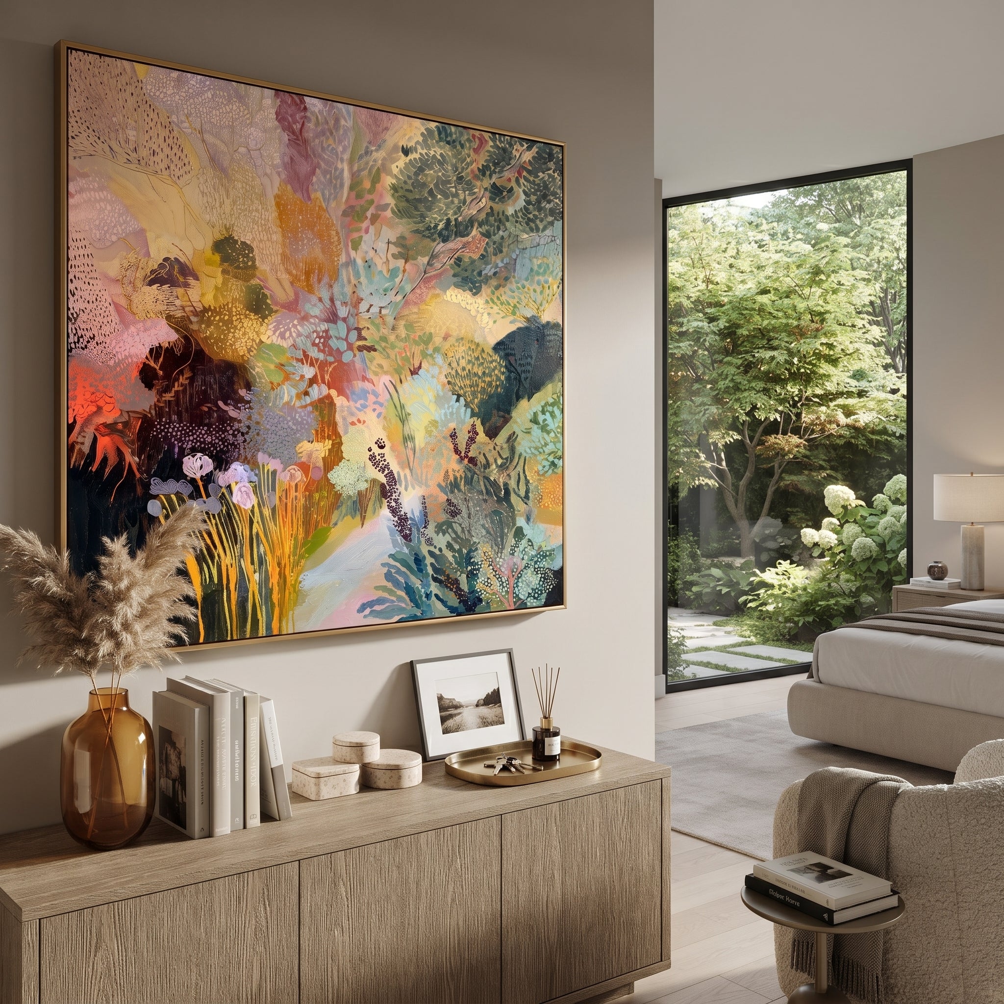 "Luminous Bohemian Botanical Painting" focuses on atmosphere, surface movement, and sculptural heavy impasto craftsmanship rather than a fixed literal storyline. The composition uses this hand-painted square canvas presents a luminous bohemian botanical abstract with layered green foliage, pastel pink and yellow floral forms, teal branches, dark contrast, dotted texture, and airy garden movement as the visual anchor, while layered palette-knife paint, raised plaster-like texture, and softened