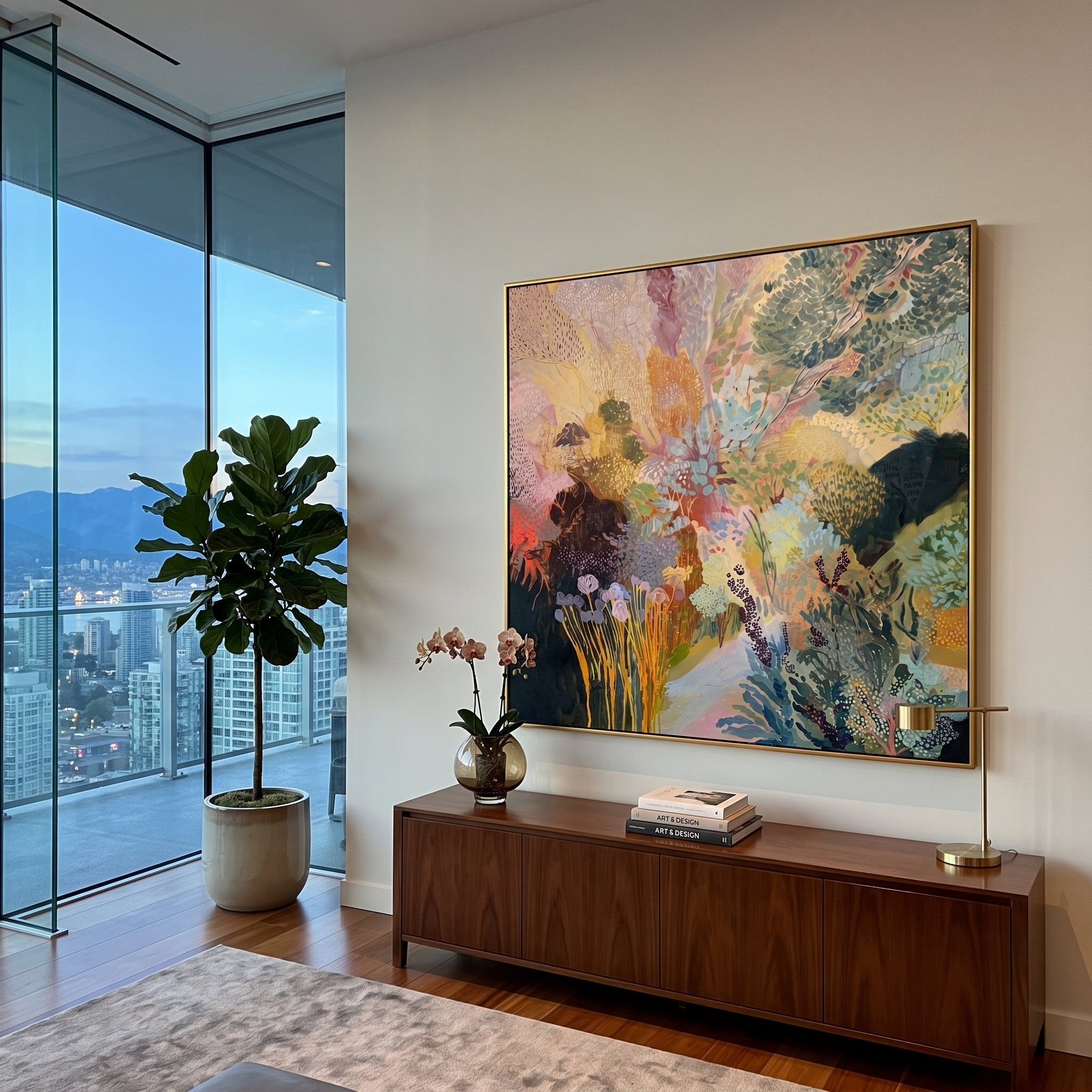 "Luminous Bohemian Botanical Painting" focuses on atmosphere, surface movement, and sculptural heavy impasto craftsmanship rather than a fixed literal storyline. The composition uses this hand-painted square canvas presents a luminous bohemian botanical abstract with layered green foliage, pastel pink and yellow floral forms, teal branches, dark contrast, dotted texture, and airy garden movement as the visual anchor, while layered palette-knife paint, raised plaster-like texture, and softened