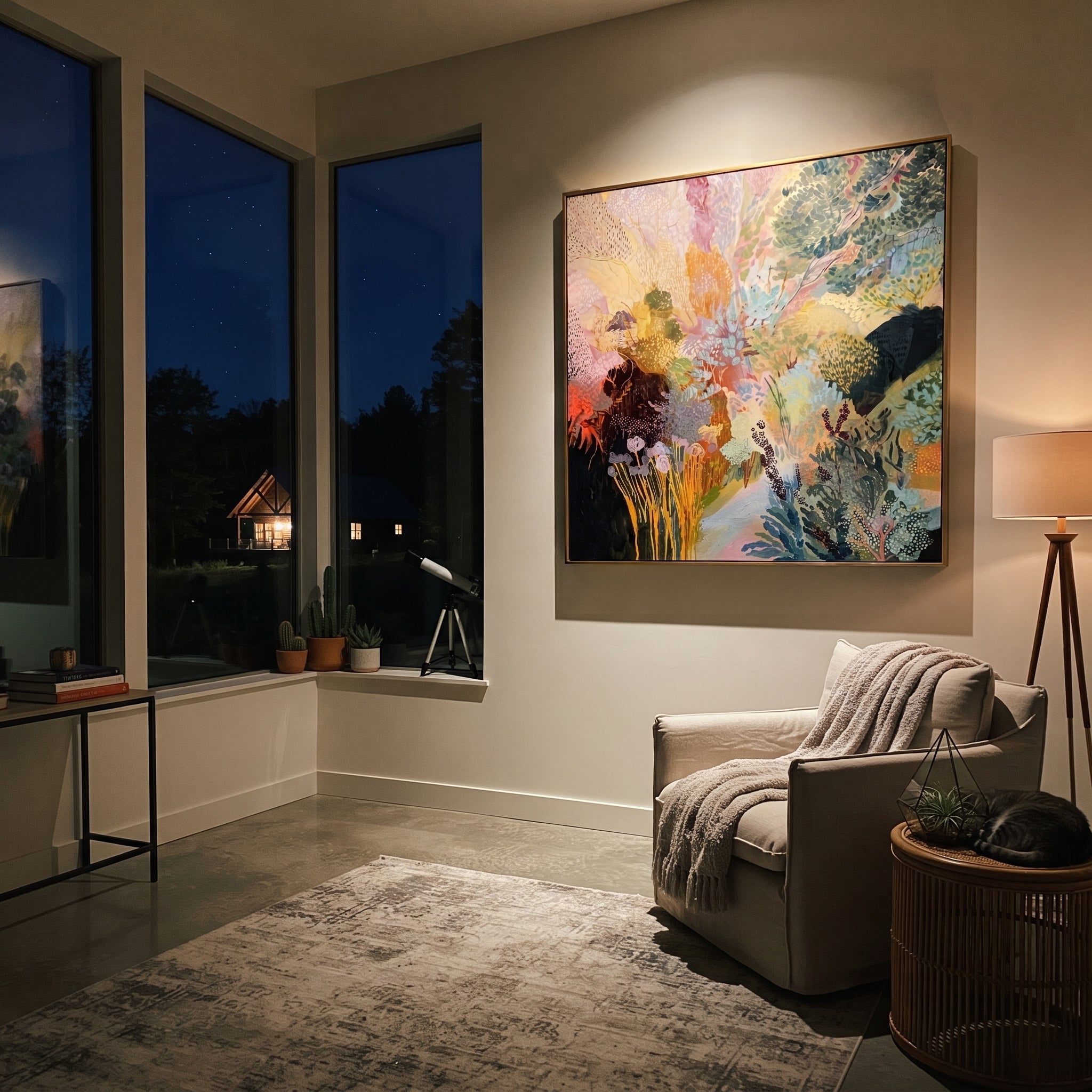 "Luminous Bohemian Botanical Painting" focuses on atmosphere, surface movement, and sculptural heavy impasto craftsmanship rather than a fixed literal storyline. The composition uses this hand-painted square canvas presents a luminous bohemian botanical abstract with layered green foliage, pastel pink and yellow floral forms, teal branches, dark contrast, dotted texture, and airy garden movement as the visual anchor, while layered palette-knife paint, raised plaster-like texture, and softened