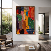 "Bold Bohemian Textile Stripe Painting" focuses on atmosphere, surface movement, and sculptural heavy impasto craftsmanship rather than a fixed literal storyline. The composition uses this hand-painted vertical canvas presents a bold bohemian textile-stripe abstract with red, yellow, green, blue, black, and purple panels, folk-style marks, white zigzags, and thick tactile paint as the visual anchor, while layered palette-knife paint, raised plaster-like texture, and softened brush movement