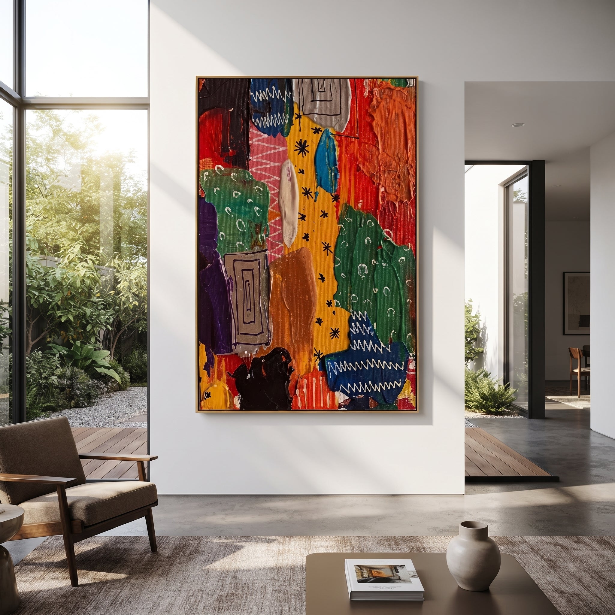 "Bold Bohemian Textile Stripe Painting" focuses on atmosphere, surface movement, and sculptural heavy impasto craftsmanship rather than a fixed literal storyline. The composition uses this hand-painted vertical canvas presents a bold bohemian textile-stripe abstract with red, yellow, green, blue, black, and purple panels, folk-style marks, white zigzags, and thick tactile paint as the visual anchor, while layered palette-knife paint, raised plaster-like texture, and softened brush movement