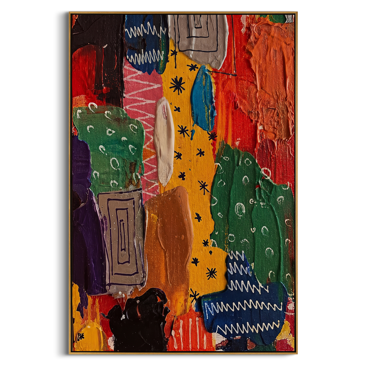 "Bold Bohemian Textile Stripe Painting" - Modern Heavy Impasto Geometric Abstract | Red & Yellow Palette Knife Painting | Luxury Vertical Wall Art #PT 1387