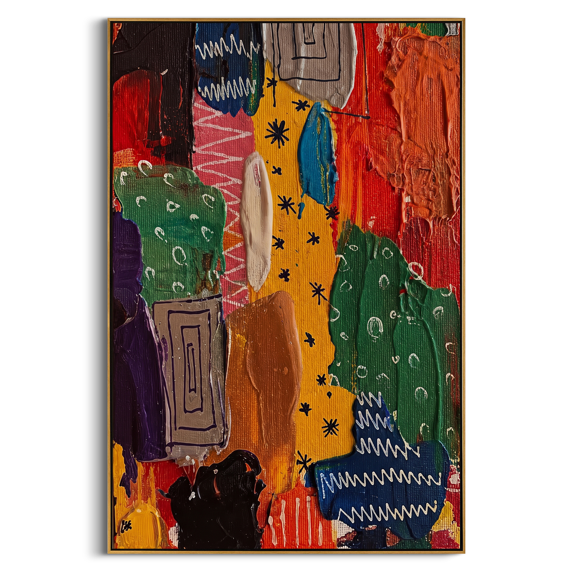 "Bold Bohemian Textile Stripe Painting" focuses on atmosphere, surface movement, and sculptural heavy impasto craftsmanship rather than a fixed literal storyline. The composition uses this hand-painted vertical canvas presents a bold bohemian textile-stripe abstract with red, yellow, green, blue, black, and purple panels, folk-style marks, white zigzags, and thick tactile paint as the visual anchor, while layered palette-knife paint, raised plaster-like texture, and softened brush movement