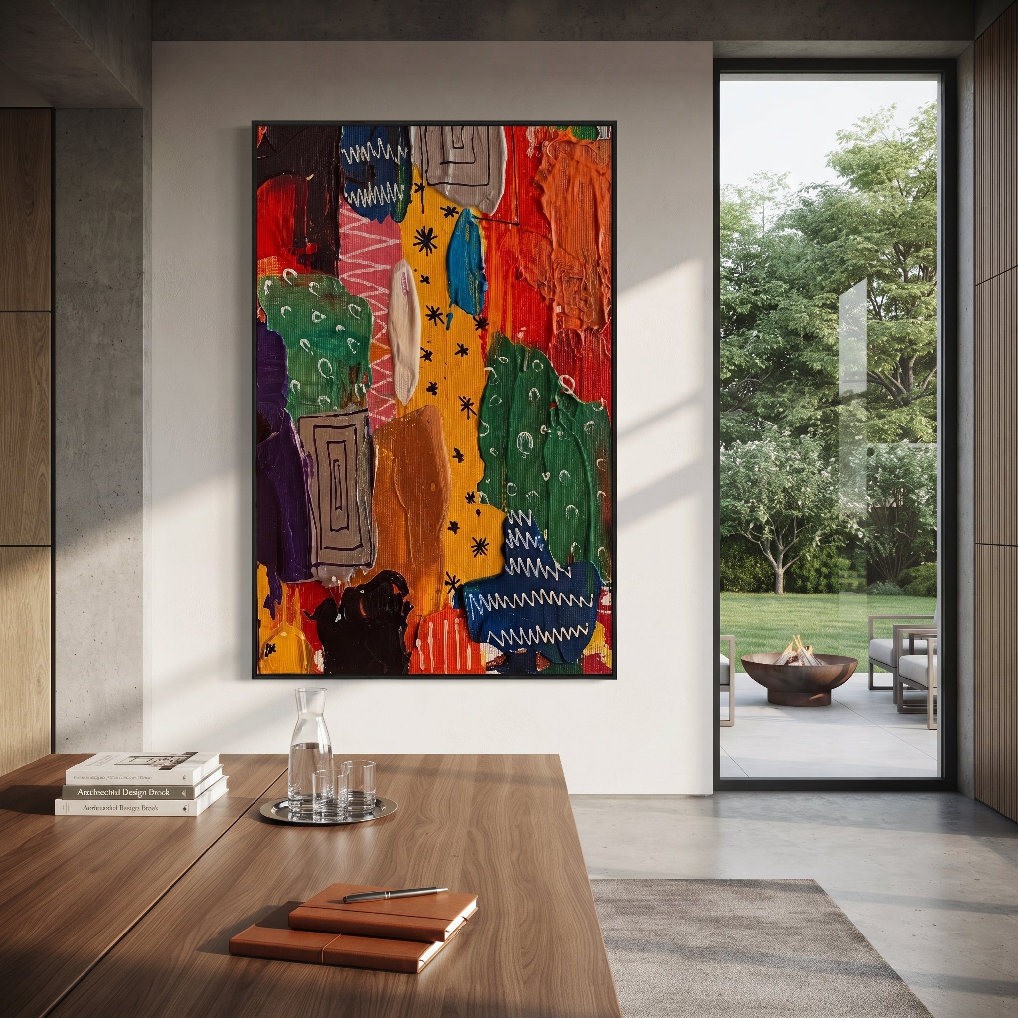 "Bold Bohemian Textile Stripe Painting" focuses on atmosphere, surface movement, and sculptural heavy impasto craftsmanship rather than a fixed literal storyline. The composition uses this hand-painted vertical canvas presents a bold bohemian textile-stripe abstract with red, yellow, green, blue, black, and purple panels, folk-style marks, white zigzags, and thick tactile paint as the visual anchor, while layered palette-knife paint, raised plaster-like texture, and softened brush movement