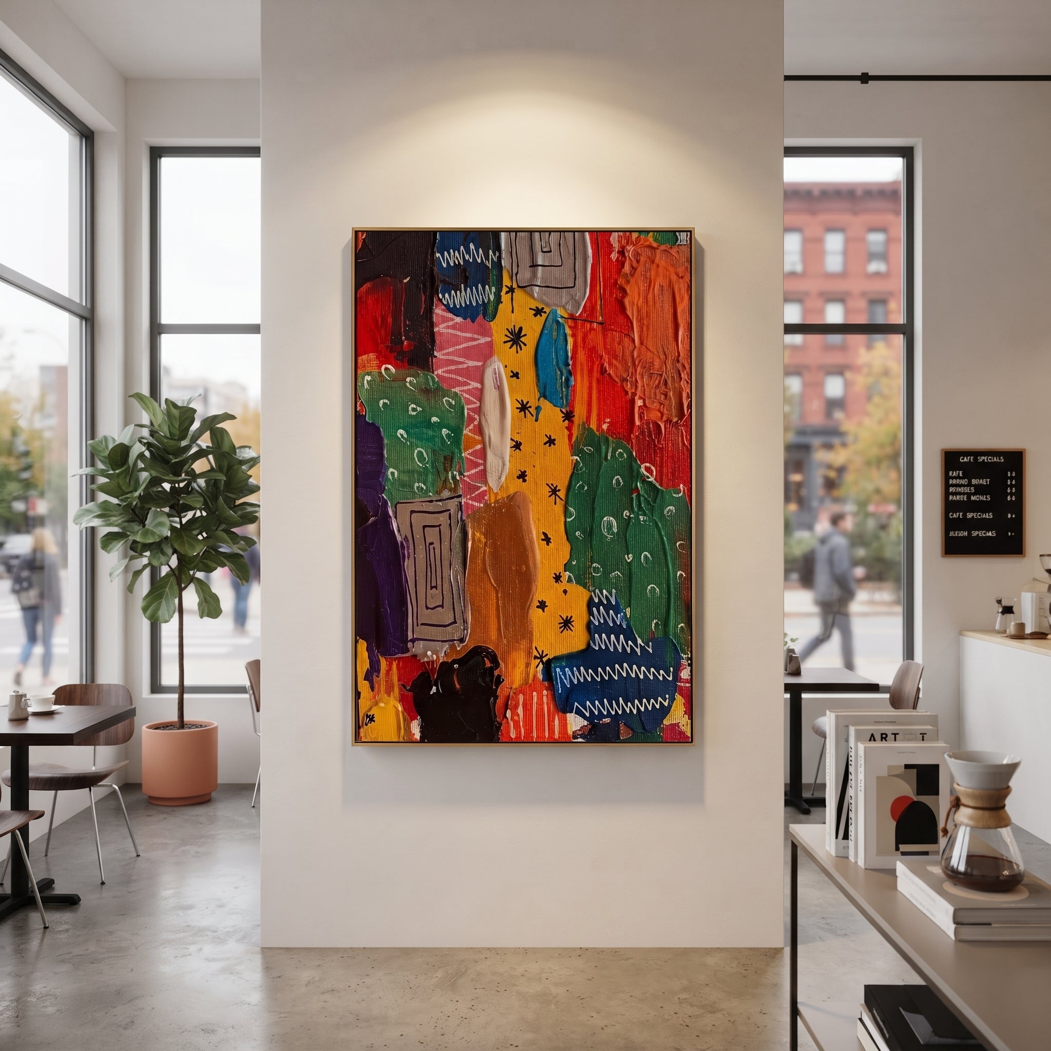 "Bold Bohemian Textile Stripe Painting" focuses on atmosphere, surface movement, and sculptural heavy impasto craftsmanship rather than a fixed literal storyline. The composition uses this hand-painted vertical canvas presents a bold bohemian textile-stripe abstract with red, yellow, green, blue, black, and purple panels, folk-style marks, white zigzags, and thick tactile paint as the visual anchor, while layered palette-knife paint, raised plaster-like texture, and softened brush movement