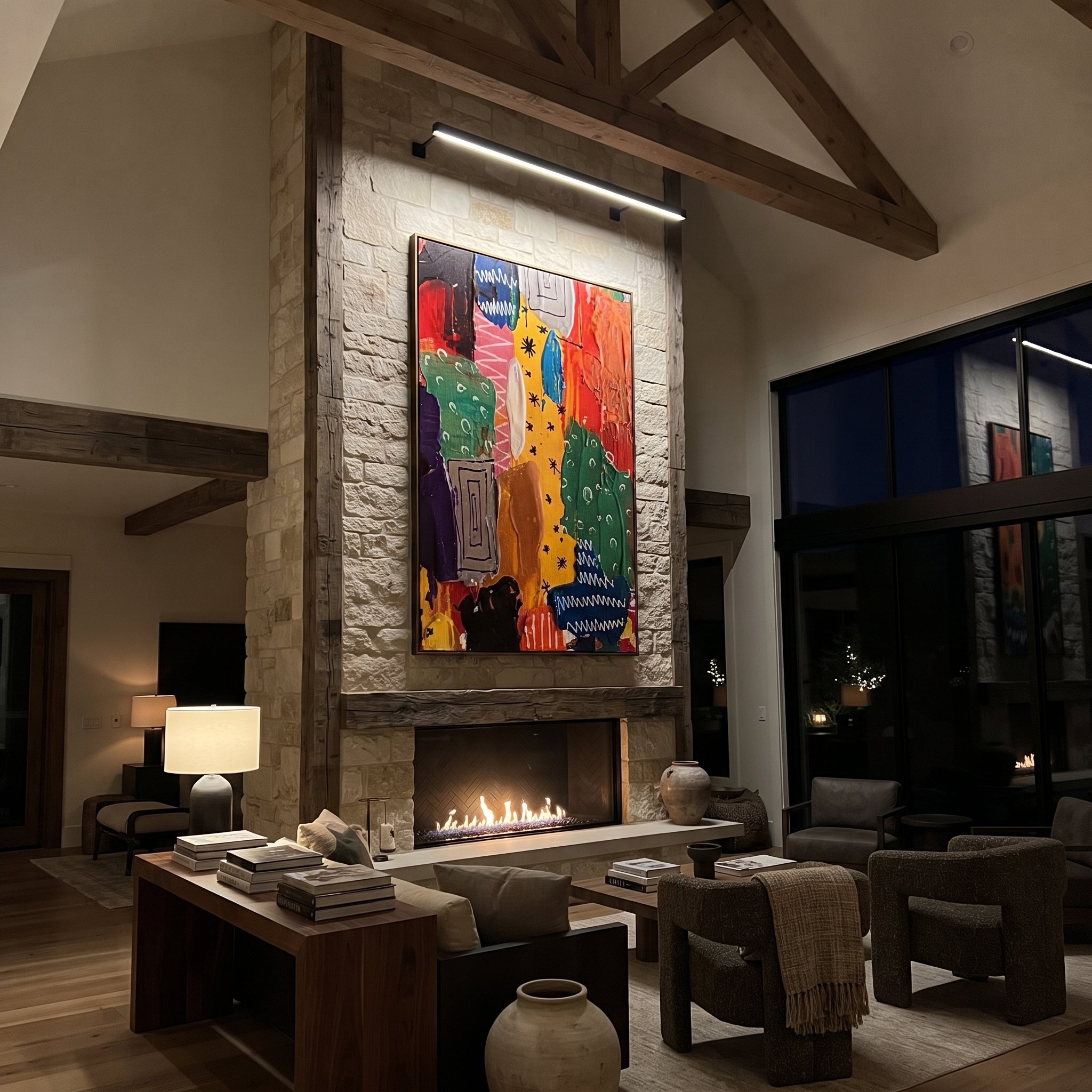 "Bold Bohemian Textile Stripe Painting" focuses on atmosphere, surface movement, and sculptural heavy impasto craftsmanship rather than a fixed literal storyline. The composition uses this hand-painted vertical canvas presents a bold bohemian textile-stripe abstract with red, yellow, green, blue, black, and purple panels, folk-style marks, white zigzags, and thick tactile paint as the visual anchor, while layered palette-knife paint, raised plaster-like texture, and softened brush movement