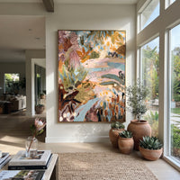 "Bohemian Protea Garden Painting" focuses on atmosphere, surface movement, and sculptural heavy impasto craftsmanship rather than a fixed literal storyline. The composition uses this hand-painted vertical canvas presents a bohemian protea garden abstract with dusty pink blooms, pale blue pathways, ochre leaves, olive green foliage, spotted botanical forms, and layered handmade texture as the visual anchor, while layered palette-knife paint, raised plaster-like texture, and softened brush