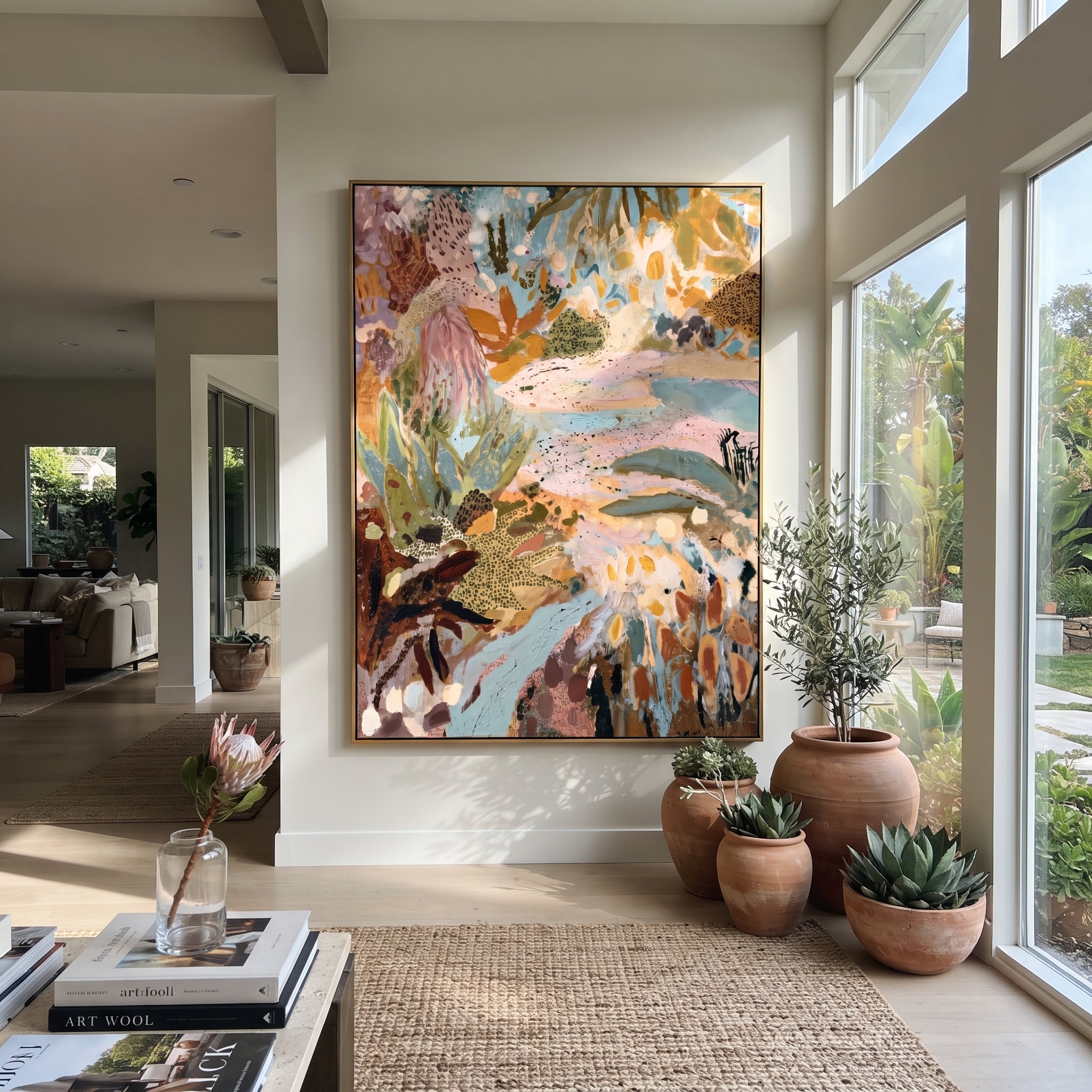 "Bohemian Protea Garden Painting" focuses on atmosphere, surface movement, and sculptural heavy impasto craftsmanship rather than a fixed literal storyline. The composition uses this hand-painted vertical canvas presents a bohemian protea garden abstract with dusty pink blooms, pale blue pathways, ochre leaves, olive green foliage, spotted botanical forms, and layered handmade texture as the visual anchor, while layered palette-knife paint, raised plaster-like texture, and softened brush