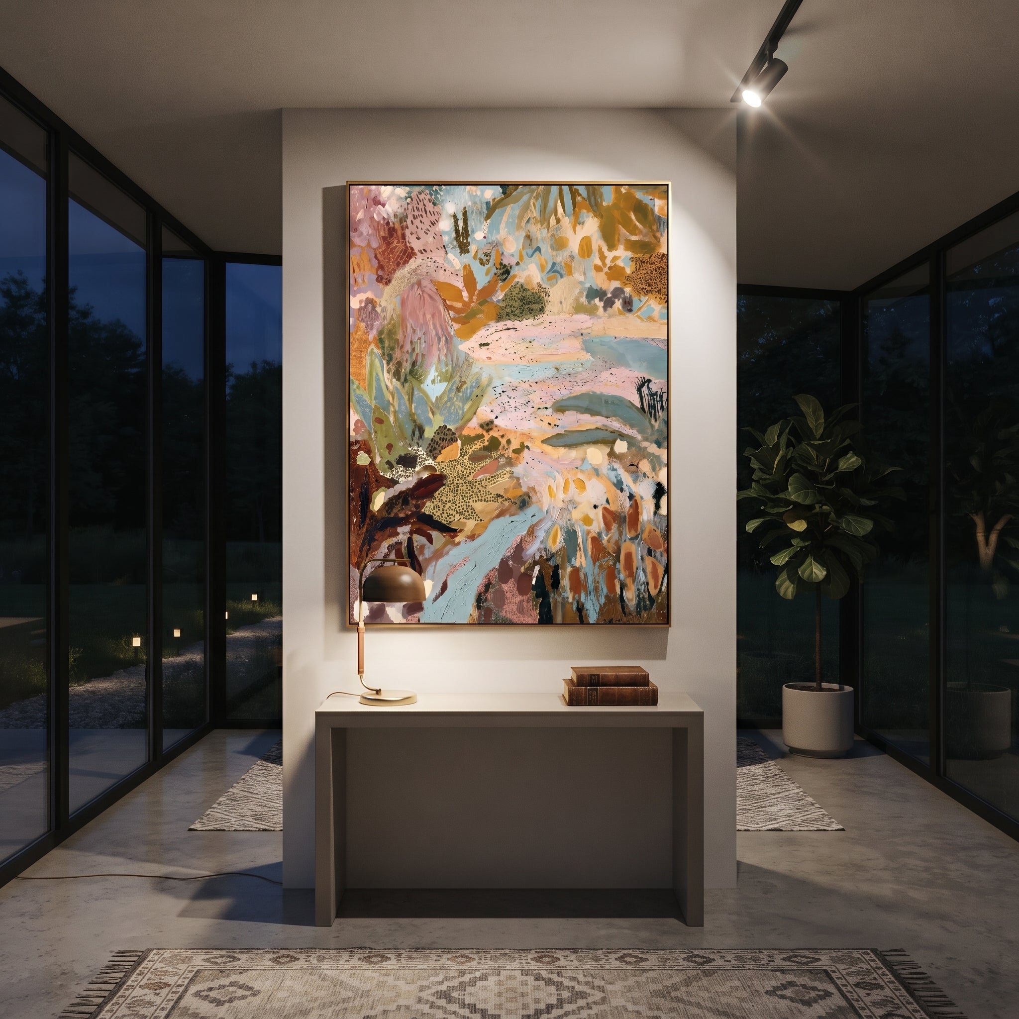 "Bohemian Protea Garden Painting" focuses on atmosphere, surface movement, and sculptural heavy impasto craftsmanship rather than a fixed literal storyline. The composition uses this hand-painted vertical canvas presents a bohemian protea garden abstract with dusty pink blooms, pale blue pathways, ochre leaves, olive green foliage, spotted botanical forms, and layered handmade texture as the visual anchor, while layered palette-knife paint, raised plaster-like texture, and softened brush