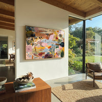 "Bohemian Garden Horizon Painting" focuses on atmosphere, surface movement, and sculptural heavy impasto craftsmanship rather than a fixed literal storyline. The composition uses this hand-painted horizontal canvas presents a bohemian garden horizon abstract with soft blue passages, blush pink fields, ochre and orange marks, dark green foliage shapes, dotted accents, and raised palette-knife texture as the visual anchor, while layered palette-knife paint, raised plaster-like texture, and