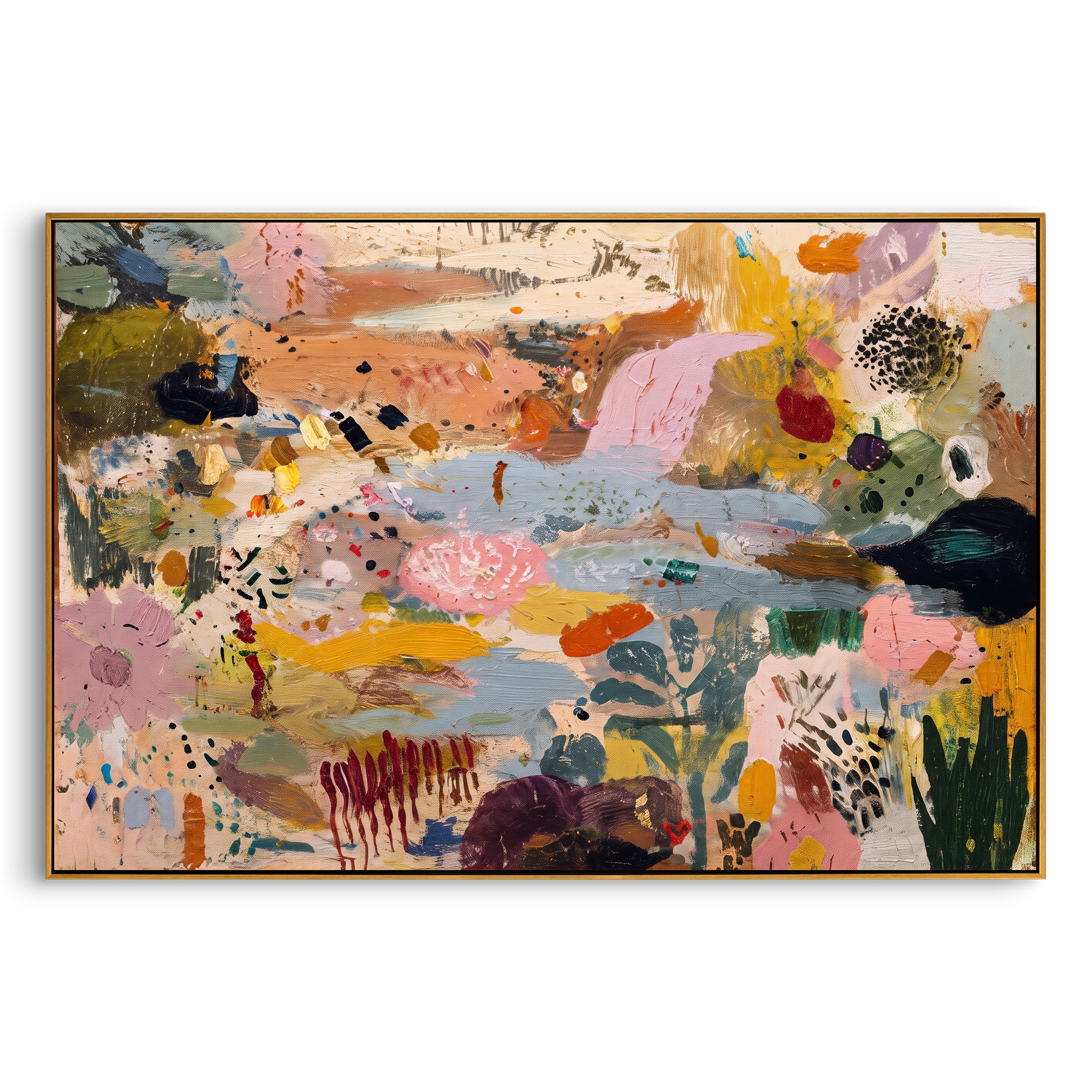 "Bohemian Garden Horizon Painting" focuses on atmosphere, surface movement, and sculptural heavy impasto craftsmanship rather than a fixed literal storyline. The composition uses this hand-painted horizontal canvas presents a bohemian garden horizon abstract with soft blue passages, blush pink fields, ochre and orange marks, dark green foliage shapes, dotted accents, and raised palette-knife texture as the visual anchor, while layered palette-knife paint, raised plaster-like texture, and