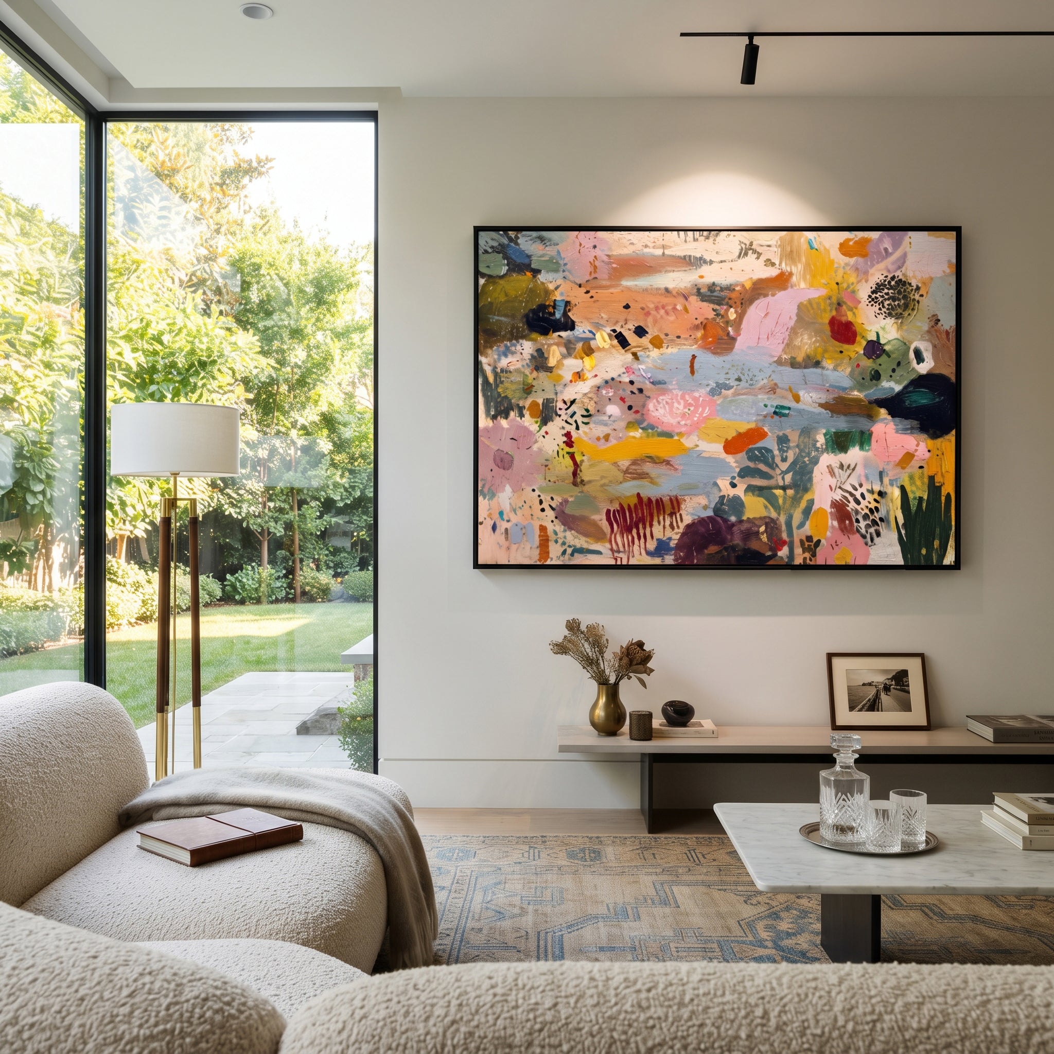 "Bohemian Garden Horizon Painting" focuses on atmosphere, surface movement, and sculptural heavy impasto craftsmanship rather than a fixed literal storyline. The composition uses this hand-painted horizontal canvas presents a bohemian garden horizon abstract with soft blue passages, blush pink fields, ochre and orange marks, dark green foliage shapes, dotted accents, and raised palette-knife texture as the visual anchor, while layered palette-knife paint, raised plaster-like texture, and