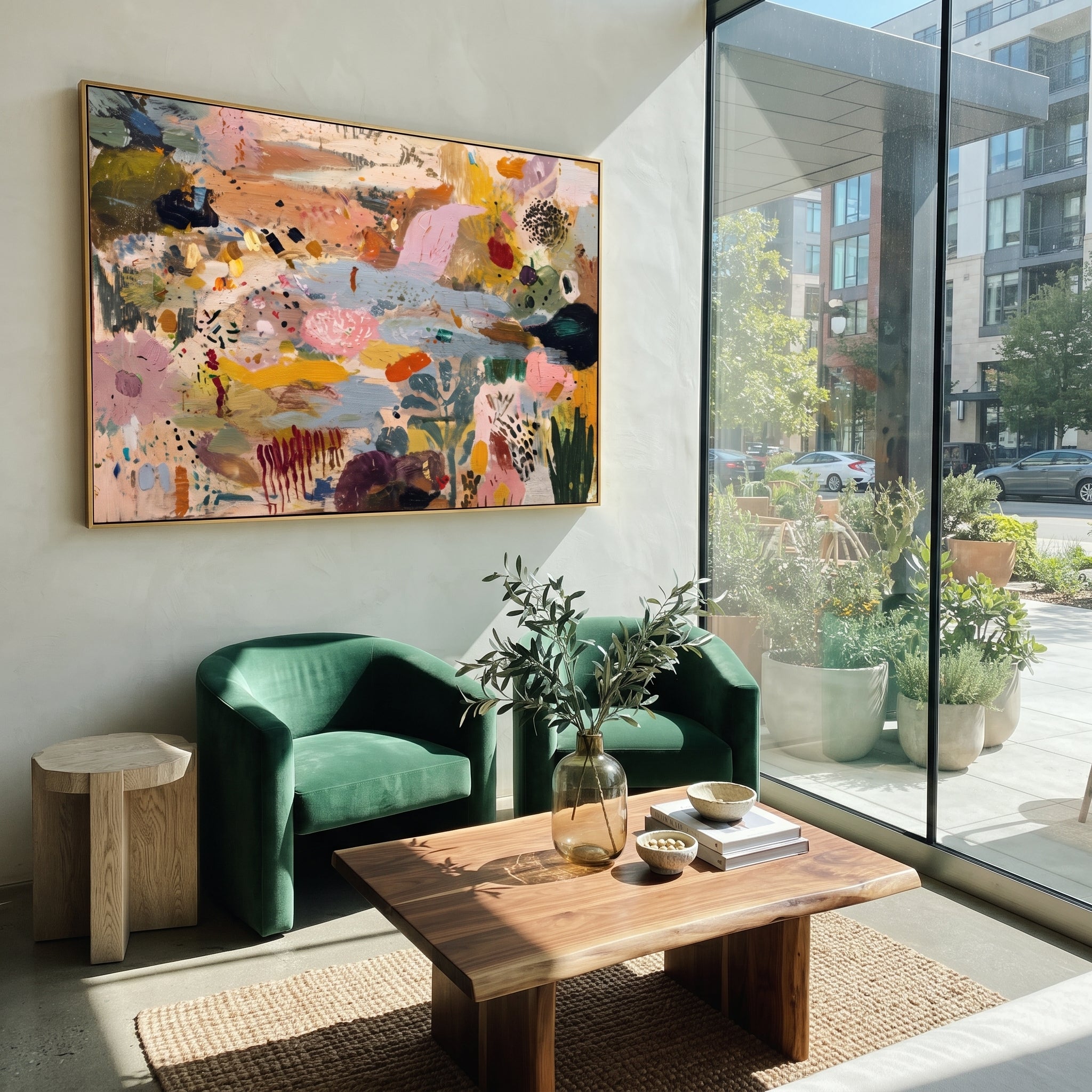 "Bohemian Garden Horizon Painting" focuses on atmosphere, surface movement, and sculptural heavy impasto craftsmanship rather than a fixed literal storyline. The composition uses this hand-painted horizontal canvas presents a bohemian garden horizon abstract with soft blue passages, blush pink fields, ochre and orange marks, dark green foliage shapes, dotted accents, and raised palette-knife texture as the visual anchor, while layered palette-knife paint, raised plaster-like texture, and