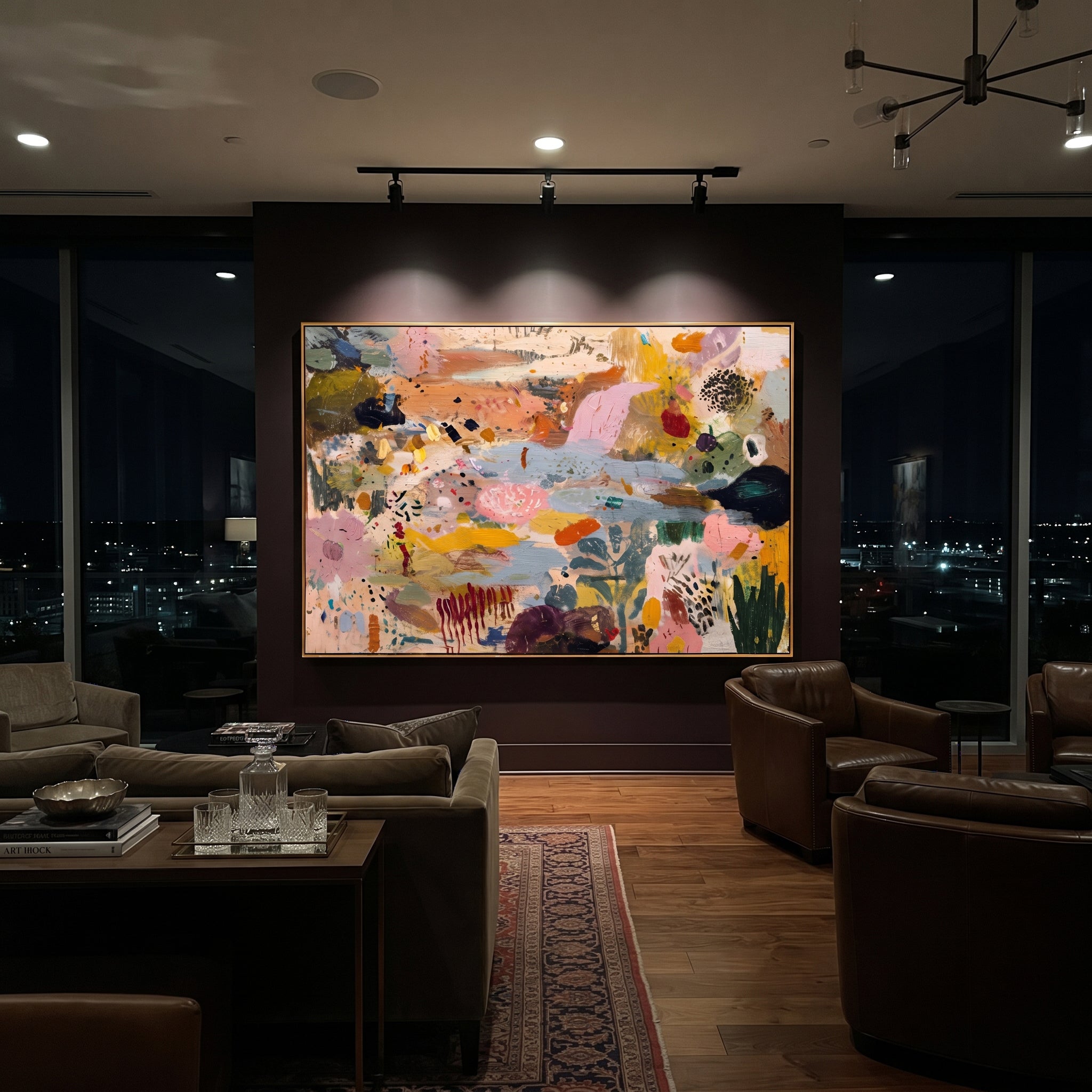 "Bohemian Garden Horizon Painting" focuses on atmosphere, surface movement, and sculptural heavy impasto craftsmanship rather than a fixed literal storyline. The composition uses this hand-painted horizontal canvas presents a bohemian garden horizon abstract with soft blue passages, blush pink fields, ochre and orange marks, dark green foliage shapes, dotted accents, and raised palette-knife texture as the visual anchor, while layered palette-knife paint, raised plaster-like texture, and