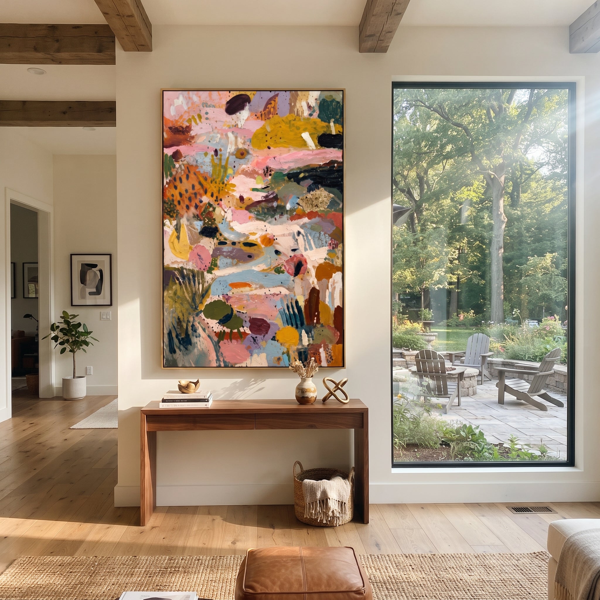 "Vertical Bohemian Garden Abstract Painting" focuses on atmosphere, surface movement, and sculptural heavy impasto craftsmanship rather than a fixed literal storyline. The composition uses this hand-painted vertical canvas presents a vertical bohemian garden abstract with pale blue movement, dusty pink and ochre fields, black accents, green botanical shapes, cream strokes, and richly raised texture as the visual anchor, while layered palette-knife paint, raised plaster-like texture, and softened