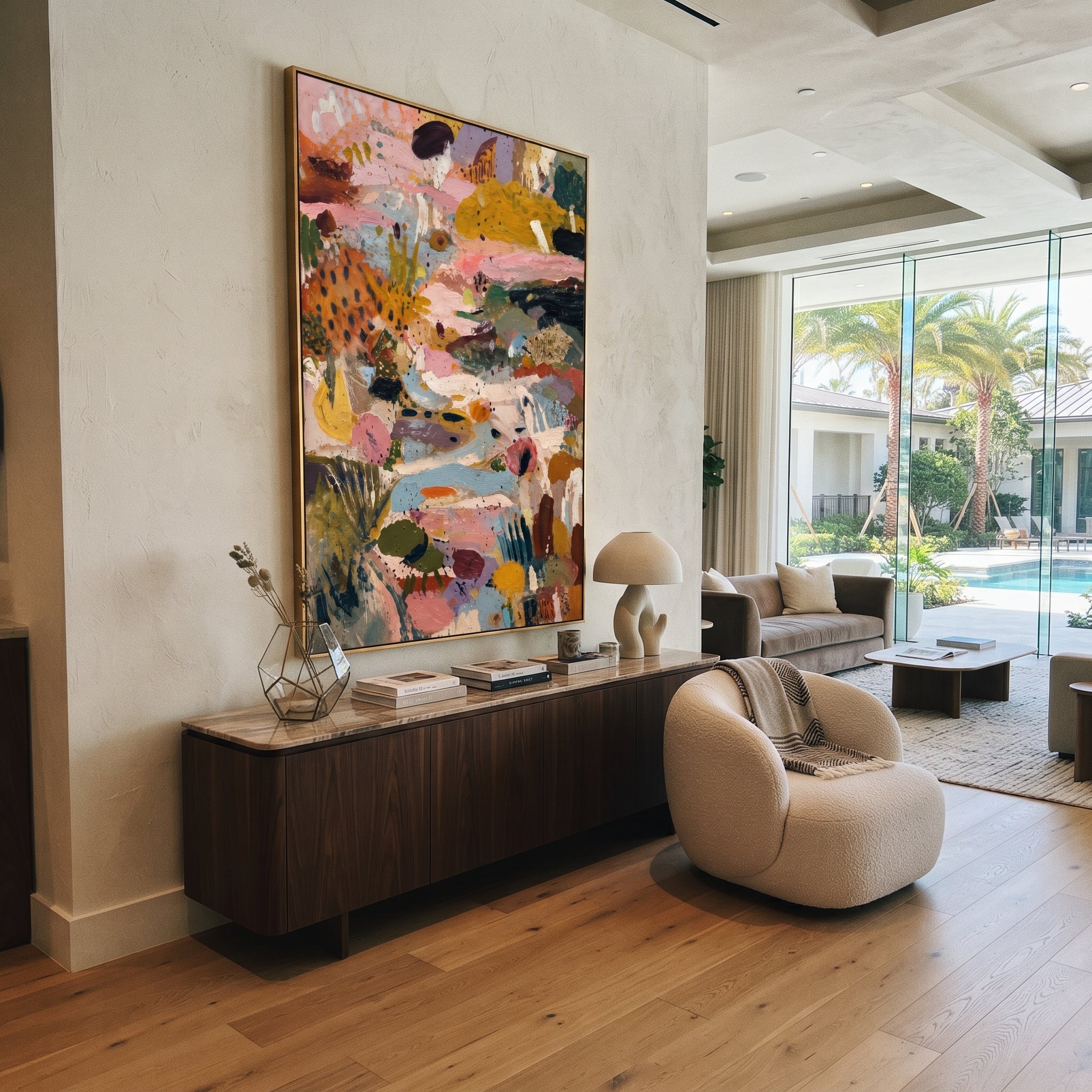 "Vertical Bohemian Garden Abstract Painting" focuses on atmosphere, surface movement, and sculptural heavy impasto craftsmanship rather than a fixed literal storyline. The composition uses this hand-painted vertical canvas presents a vertical bohemian garden abstract with pale blue movement, dusty pink and ochre fields, black accents, green botanical shapes, cream strokes, and richly raised texture as the visual anchor, while layered palette-knife paint, raised plaster-like texture, and softened