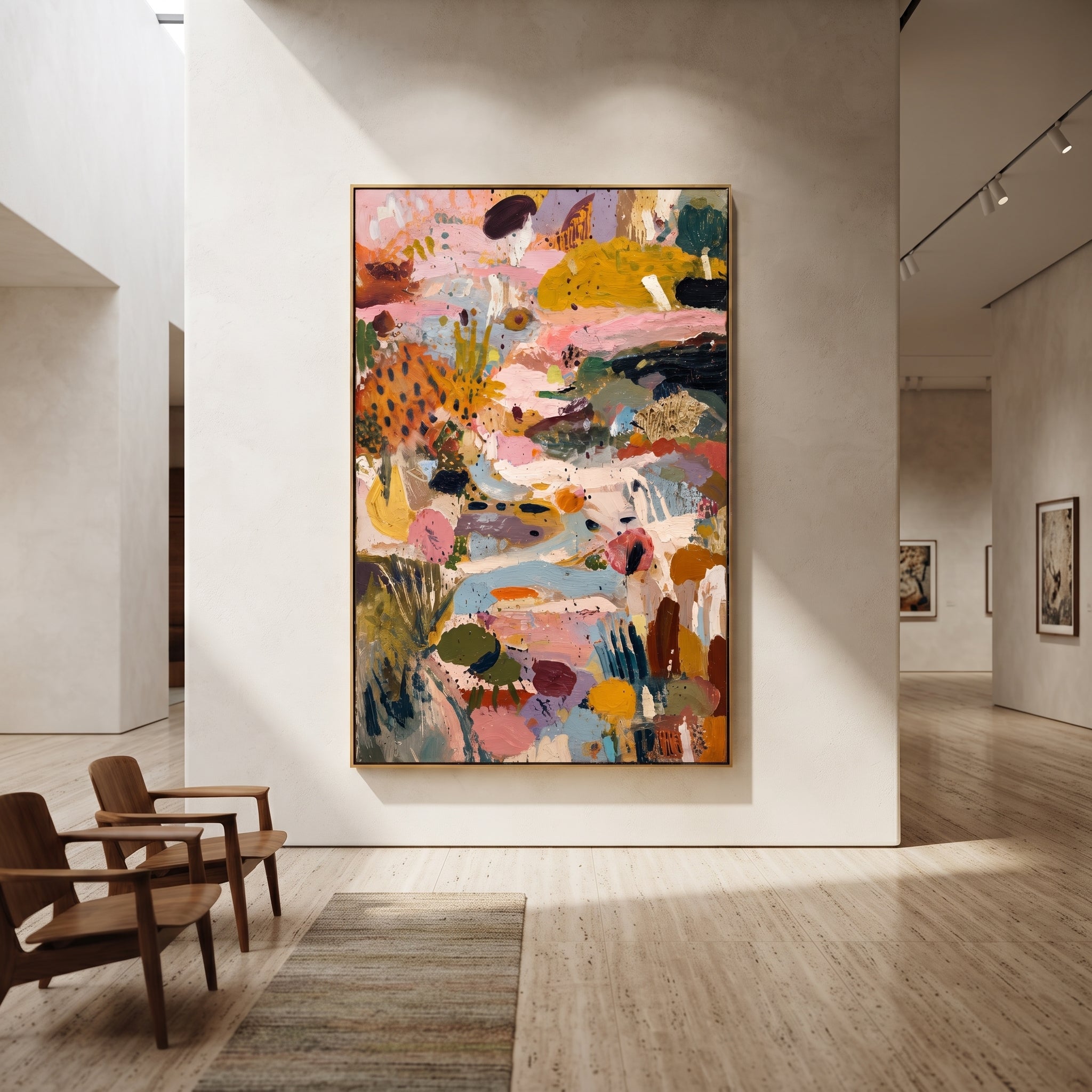 "Vertical Bohemian Garden Abstract Painting" focuses on atmosphere, surface movement, and sculptural heavy impasto craftsmanship rather than a fixed literal storyline. The composition uses this hand-painted vertical canvas presents a vertical bohemian garden abstract with pale blue movement, dusty pink and ochre fields, black accents, green botanical shapes, cream strokes, and richly raised texture as the visual anchor, while layered palette-knife paint, raised plaster-like texture, and softened