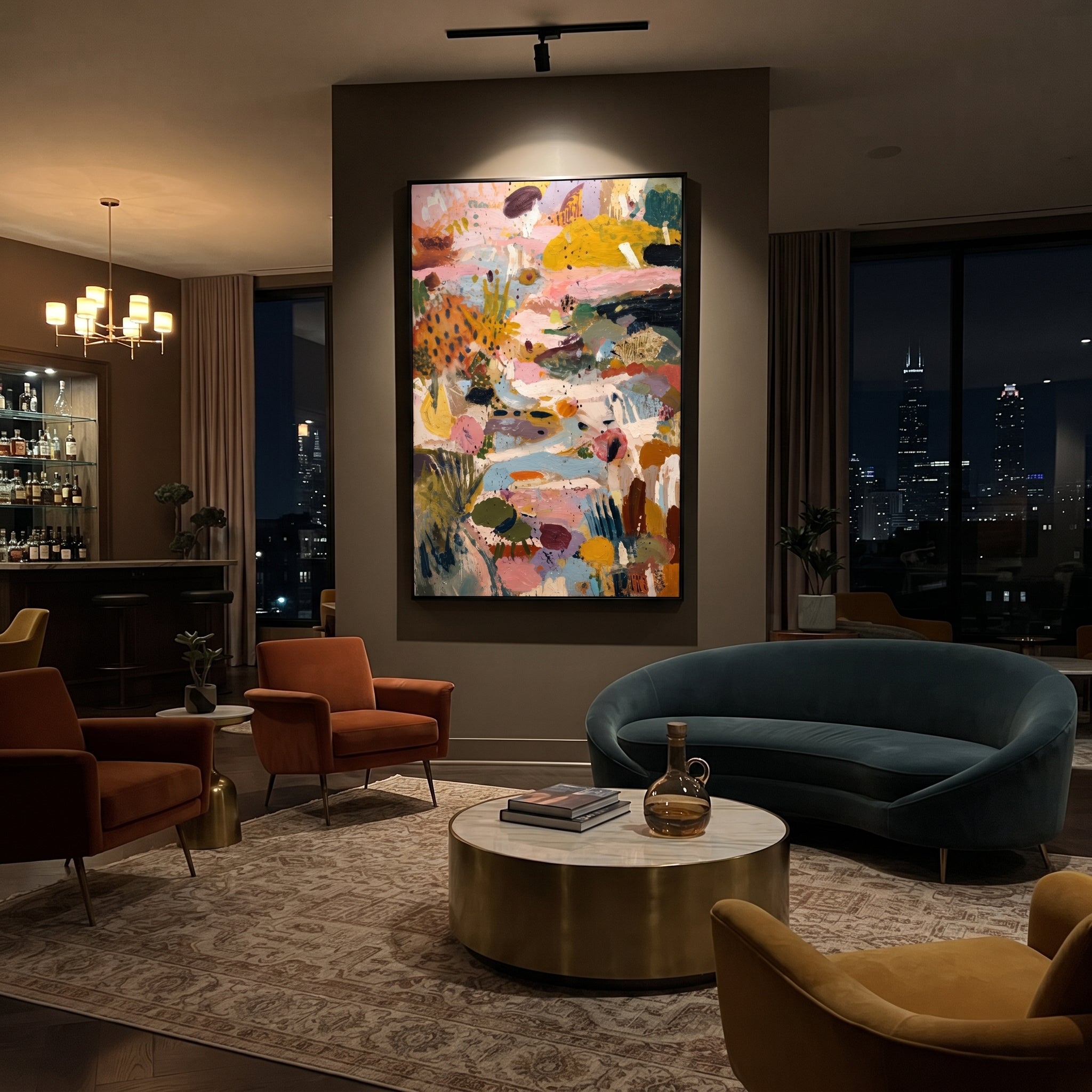 "Vertical Bohemian Garden Abstract Painting" focuses on atmosphere, surface movement, and sculptural heavy impasto craftsmanship rather than a fixed literal storyline. The composition uses this hand-painted vertical canvas presents a vertical bohemian garden abstract with pale blue movement, dusty pink and ochre fields, black accents, green botanical shapes, cream strokes, and richly raised texture as the visual anchor, while layered palette-knife paint, raised plaster-like texture, and softened