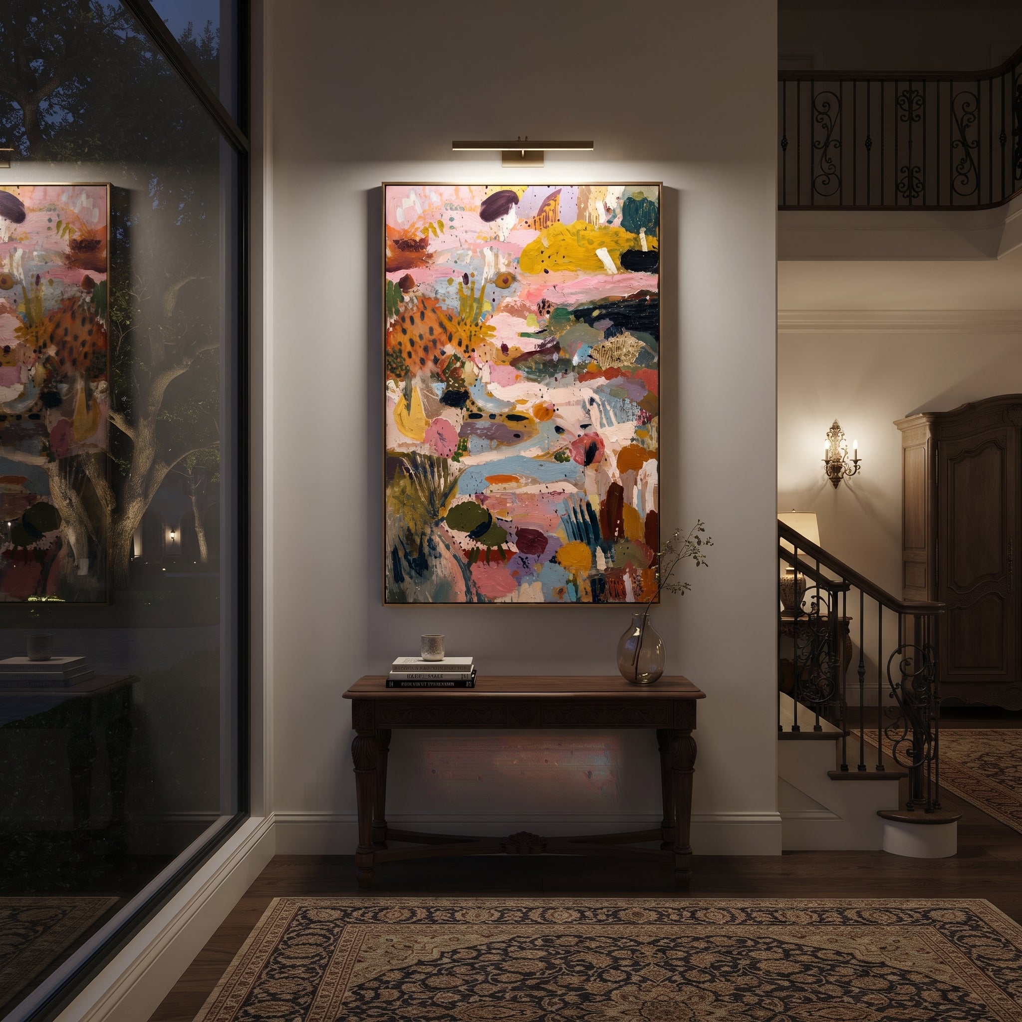 "Vertical Bohemian Garden Abstract Painting" focuses on atmosphere, surface movement, and sculptural heavy impasto craftsmanship rather than a fixed literal storyline. The composition uses this hand-painted vertical canvas presents a vertical bohemian garden abstract with pale blue movement, dusty pink and ochre fields, black accents, green botanical shapes, cream strokes, and richly raised texture as the visual anchor, while layered palette-knife paint, raised plaster-like texture, and softened