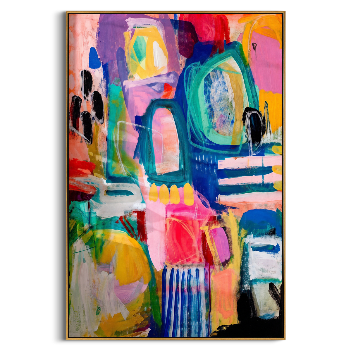 "Bright Bohemian Window Abstract Painting" - Modern Heavy Impasto Geometric Abstract | Blue & Pink Palette Knife Painting | Luxury Vertical Wall Art #PT 1391