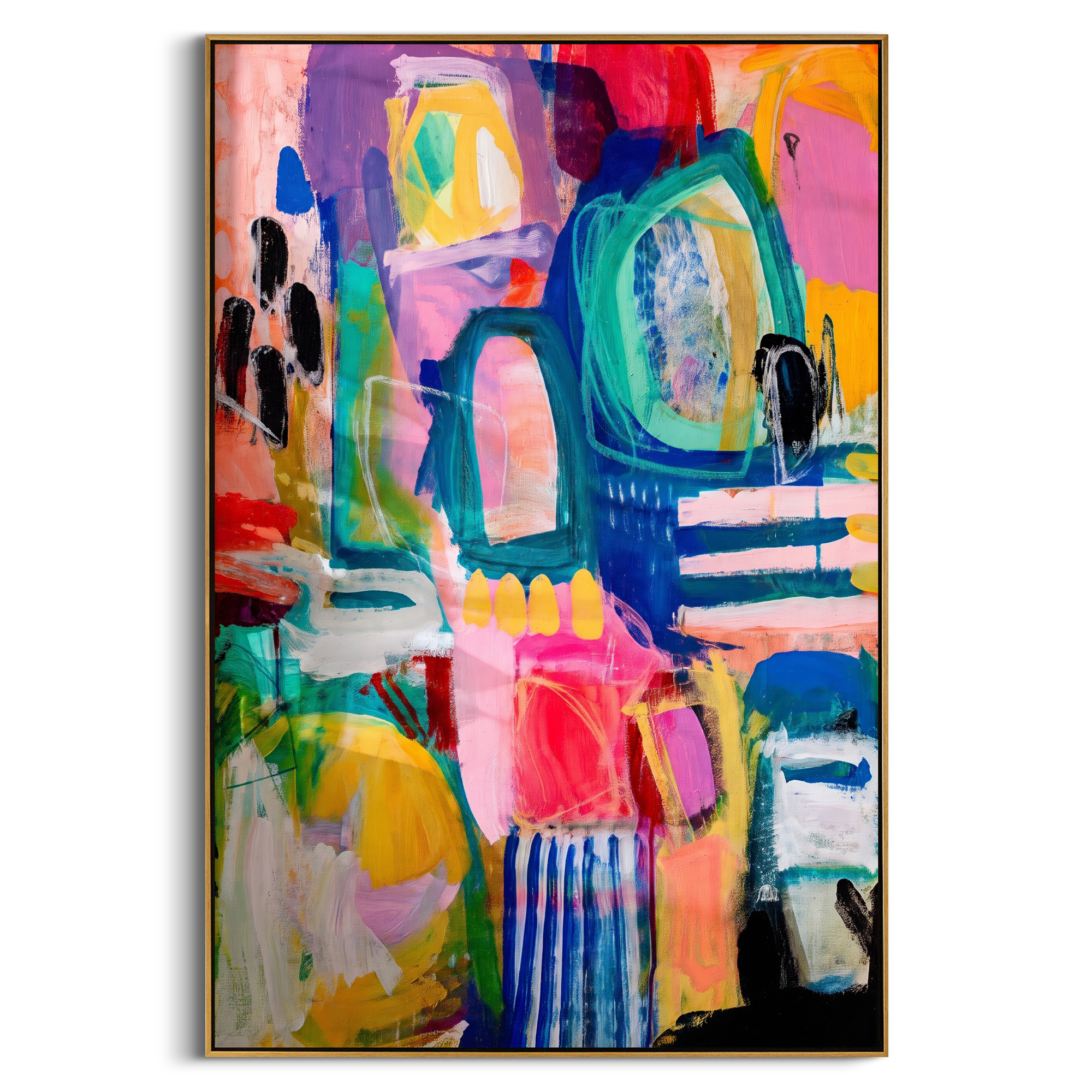 "Bright Bohemian Window Abstract Painting" focuses on atmosphere, surface movement, and sculptural heavy impasto craftsmanship rather than a fixed literal storyline. The composition uses this hand-painted vertical canvas presents a bright bohemian window-like abstract with turquoise arches, hot pink fields, yellow blocks, deep blue structure, red and purple accents, black marks, and expressive layered brushwork as the visual anchor, while layered palette-knife paint, raised plaster-like texture