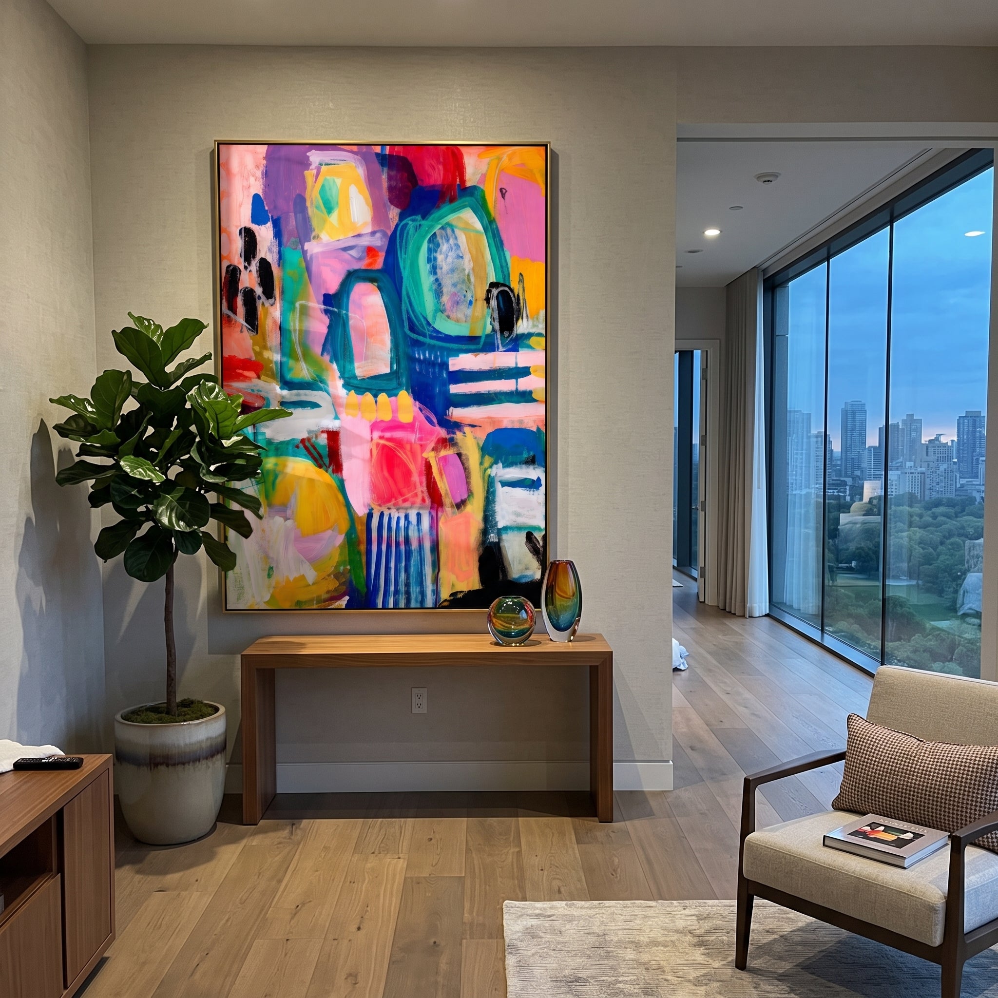 "Bright Bohemian Window Abstract Painting" focuses on atmosphere, surface movement, and sculptural heavy impasto craftsmanship rather than a fixed literal storyline. The composition uses this hand-painted vertical canvas presents a bright bohemian window-like abstract with turquoise arches, hot pink fields, yellow blocks, deep blue structure, red and purple accents, black marks, and expressive layered brushwork as the visual anchor, while layered palette-knife paint, raised plaster-like texture