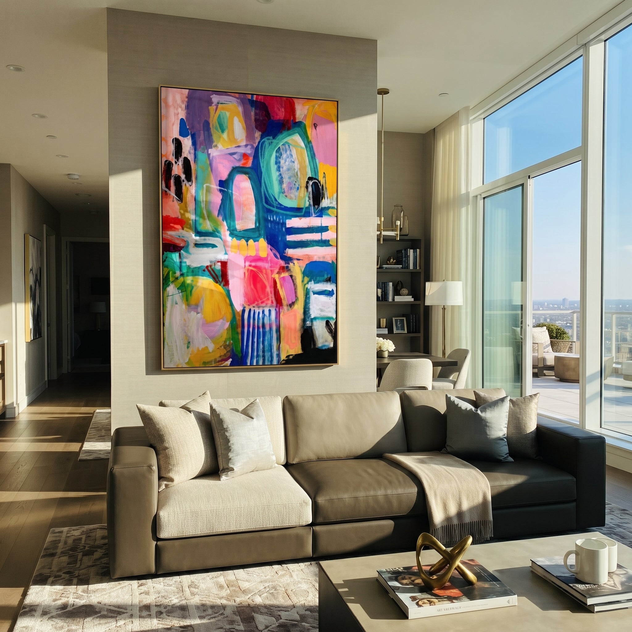 "Bright Bohemian Window Abstract Painting" focuses on atmosphere, surface movement, and sculptural heavy impasto craftsmanship rather than a fixed literal storyline. The composition uses this hand-painted vertical canvas presents a bright bohemian window-like abstract with turquoise arches, hot pink fields, yellow blocks, deep blue structure, red and purple accents, black marks, and expressive layered brushwork as the visual anchor, while layered palette-knife paint, raised plaster-like texture