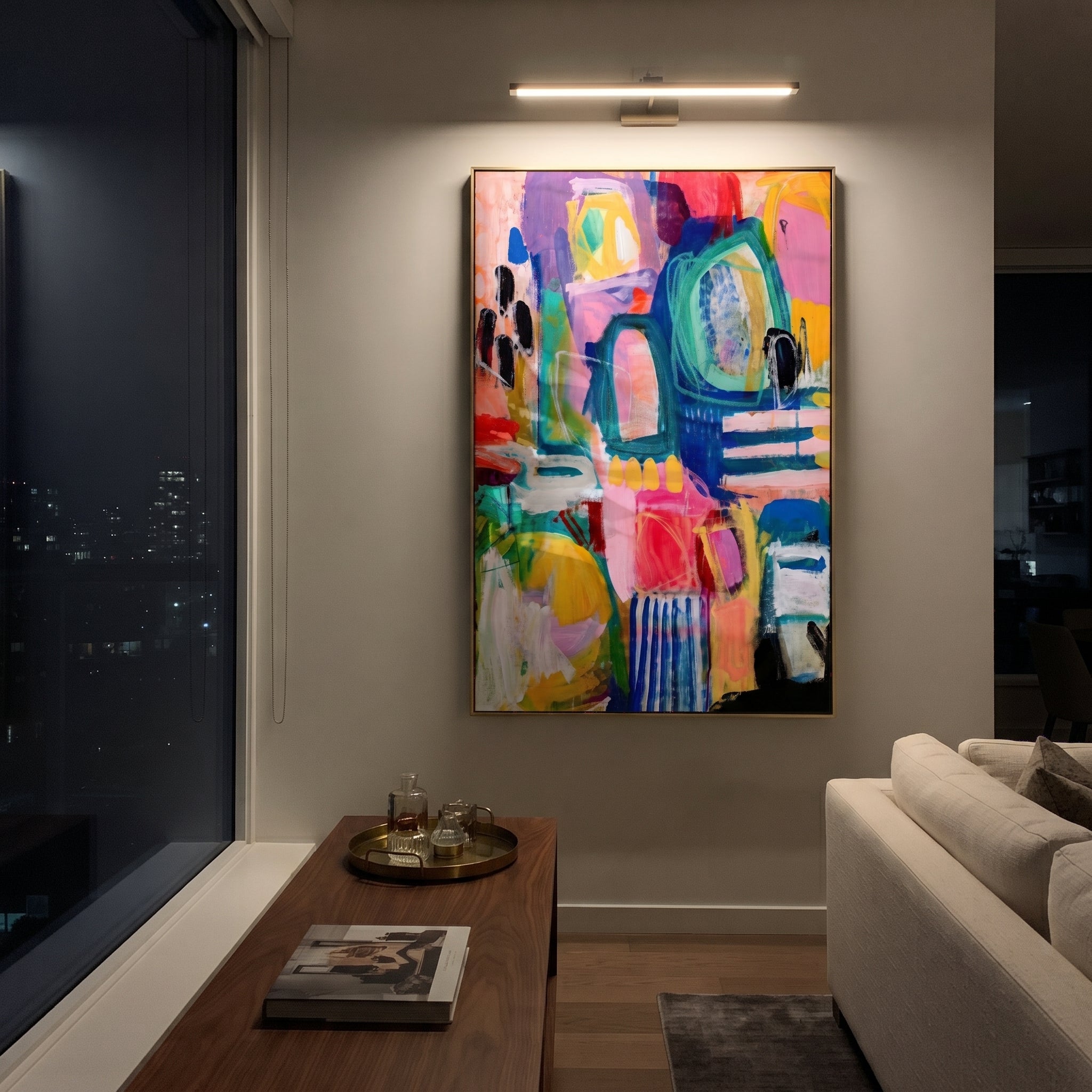 "Bright Bohemian Window Abstract Painting" focuses on atmosphere, surface movement, and sculptural heavy impasto craftsmanship rather than a fixed literal storyline. The composition uses this hand-painted vertical canvas presents a bright bohemian window-like abstract with turquoise arches, hot pink fields, yellow blocks, deep blue structure, red and purple accents, black marks, and expressive layered brushwork as the visual anchor, while layered palette-knife paint, raised plaster-like texture