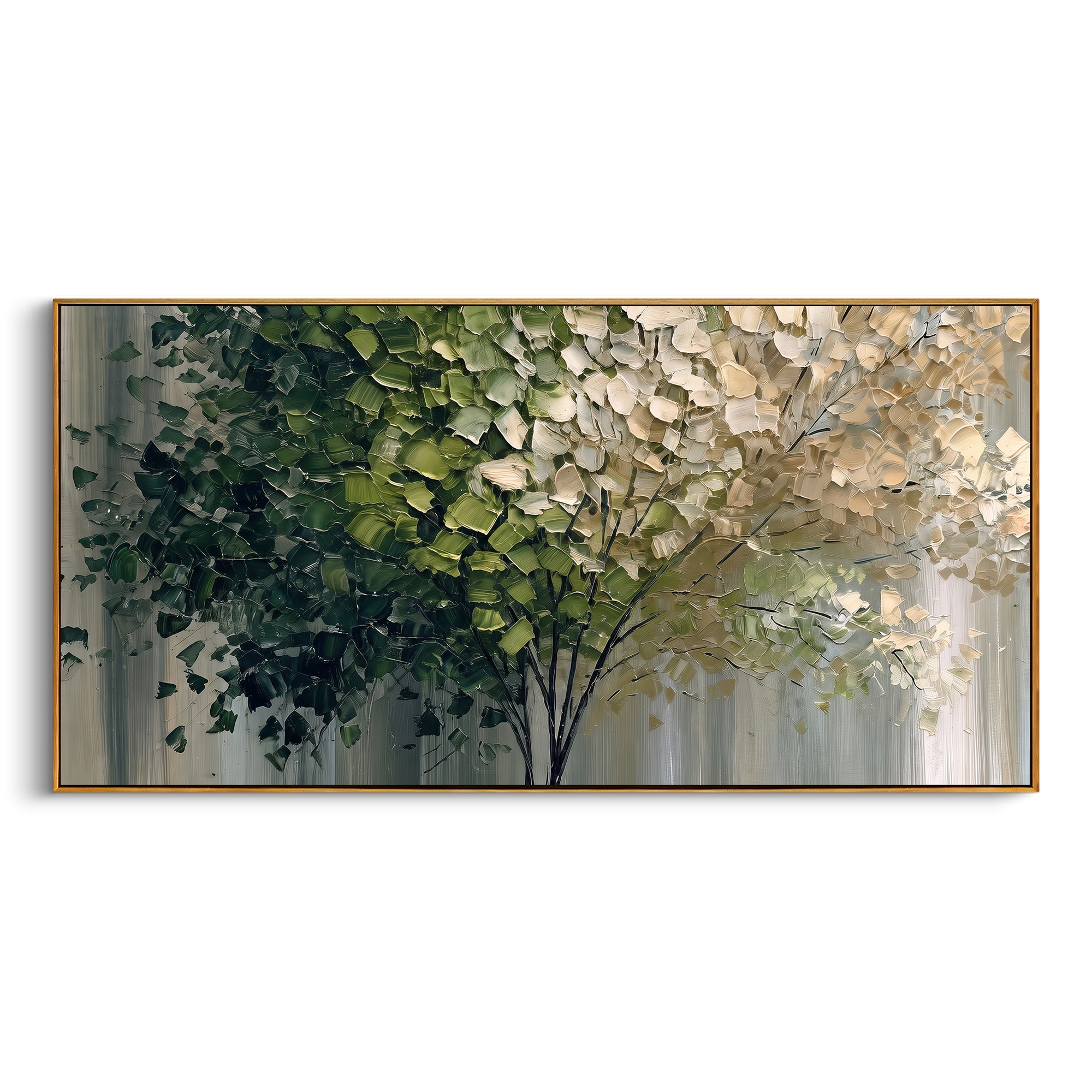 "Deep Green White Canopy Painting" focuses on atmosphere, surface movement, and sculptural heavy impasto craftsmanship rather than a fixed literal storyline. The composition uses this hand-painted panoramic canvas presents a layered forest canopy with deep green leaves on the left, creamy white foliage on the right, slender dark branches, a soft grey-green ground, and thick raised palette-knife texture as the visual anchor, while layered palette-knife paint, raised plaster-like texture, and
