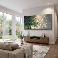 "Woodland Blossom Branch Painting" focuses on atmosphere, surface movement, and sculptural heavy impasto craftsmanship rather than a fixed literal storyline. The composition uses this hand-painted panoramic canvas features a woodland branch composition with dark green foliage, pale cream leaf clusters, fine black branch lines, a cool grey background, and tactile impasto strokes across the tree canopy as the visual anchor, while layered palette-knife paint, raised plaster-like texture, and