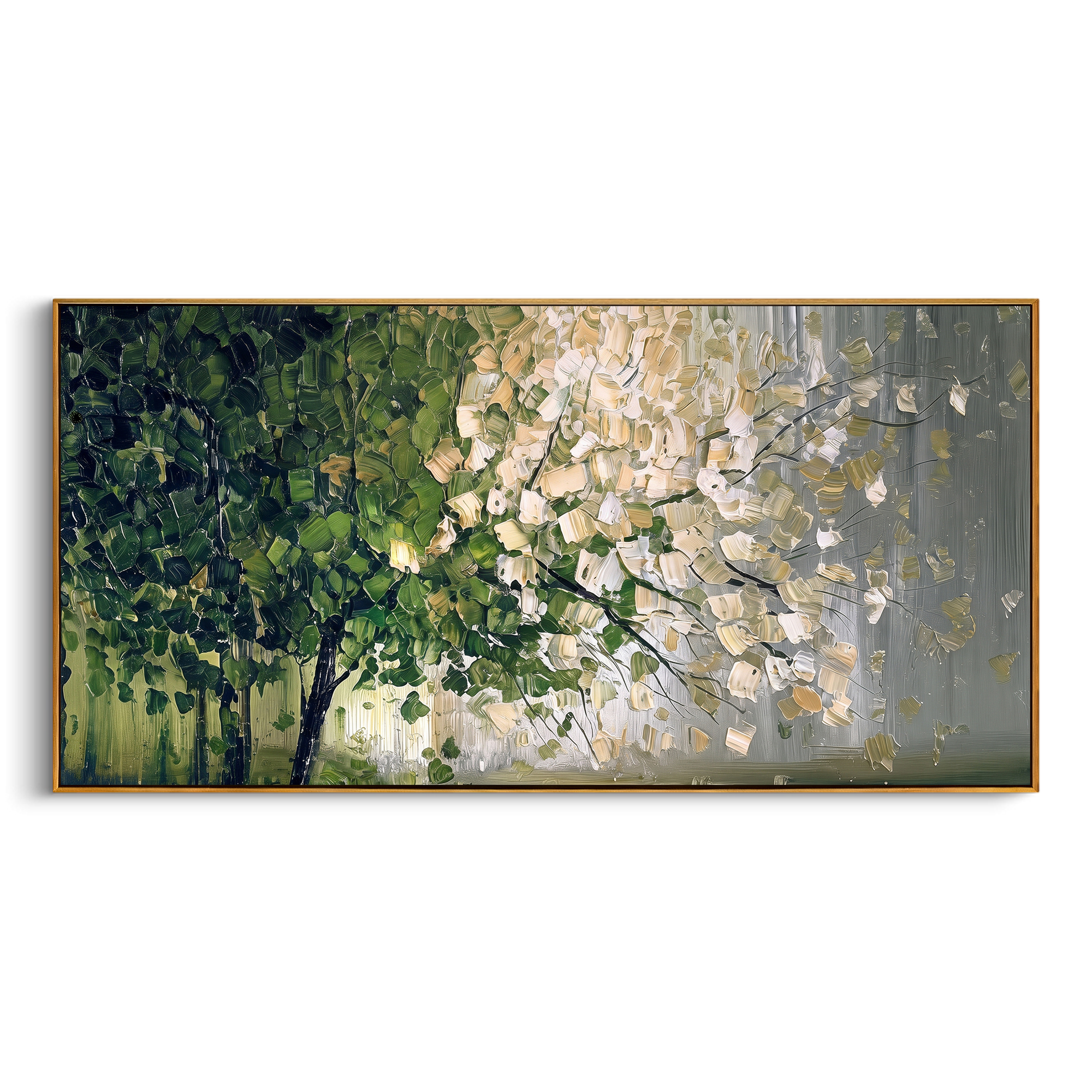 "Woodland Blossom Branch Painting" focuses on atmosphere, surface movement, and sculptural heavy impasto craftsmanship rather than a fixed literal storyline. The composition uses this hand-painted panoramic canvas features a woodland branch composition with dark green foliage, pale cream leaf clusters, fine black branch lines, a cool grey background, and tactile impasto strokes across the tree canopy as the visual anchor, while layered palette-knife paint, raised plaster-like texture, and
