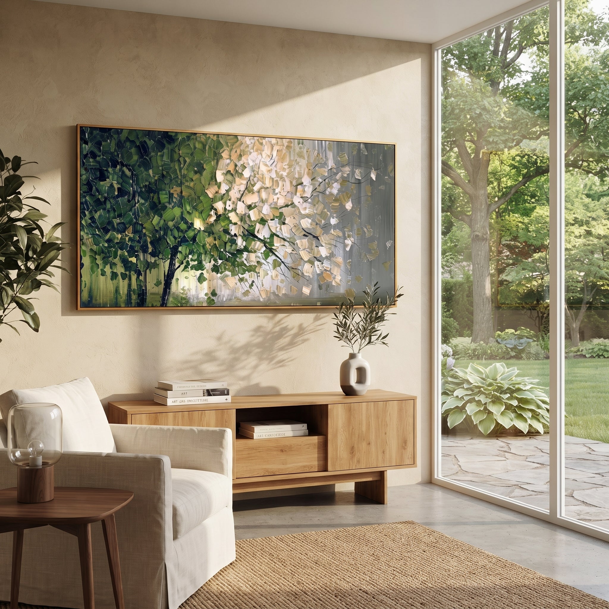 "Woodland Blossom Branch Painting" focuses on atmosphere, surface movement, and sculptural heavy impasto craftsmanship rather than a fixed literal storyline. The composition uses this hand-painted panoramic canvas features a woodland branch composition with dark green foliage, pale cream leaf clusters, fine black branch lines, a cool grey background, and tactile impasto strokes across the tree canopy as the visual anchor, while layered palette-knife paint, raised plaster-like texture, and