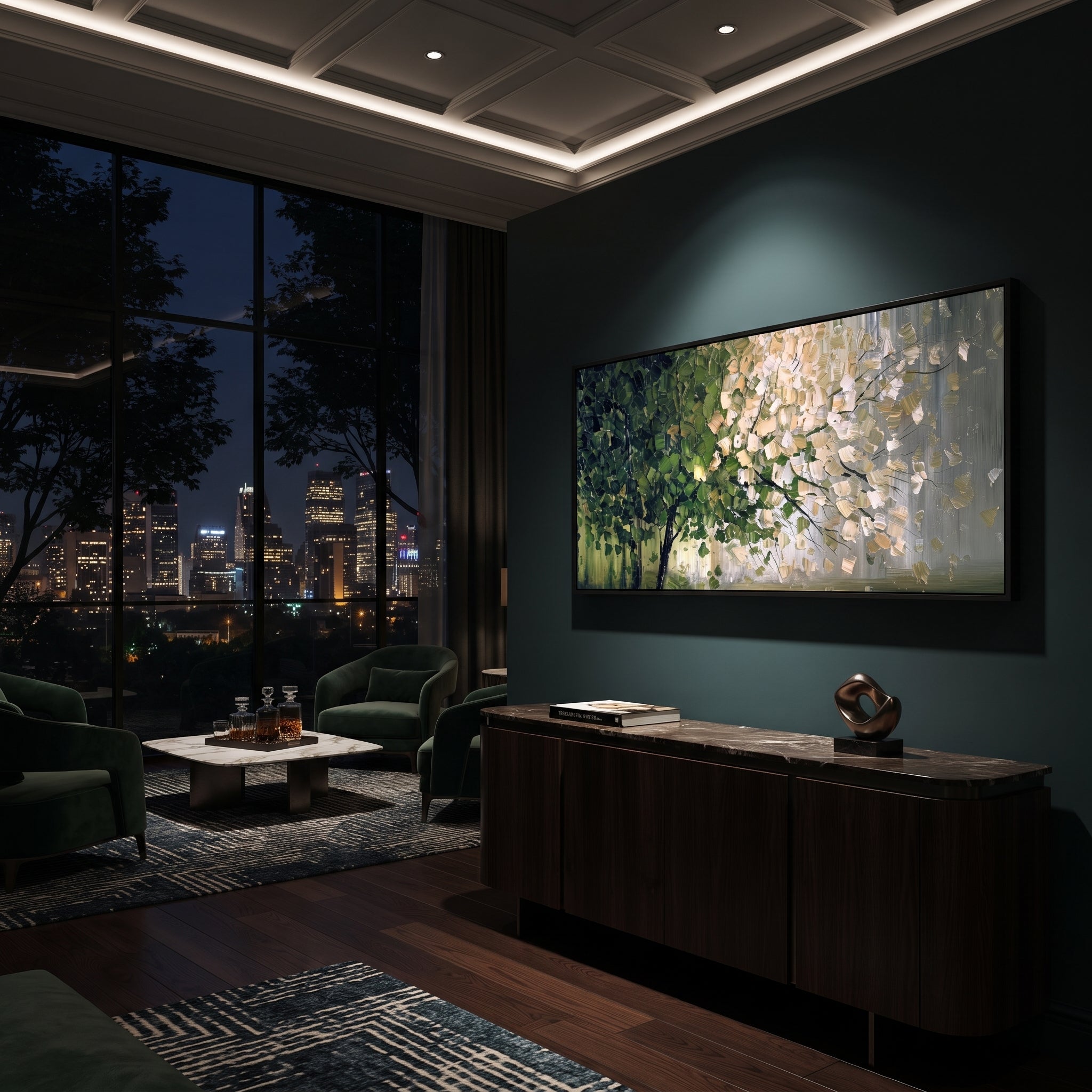 "Woodland Blossom Branch Painting" focuses on atmosphere, surface movement, and sculptural heavy impasto craftsmanship rather than a fixed literal storyline. The composition uses this hand-painted panoramic canvas features a woodland branch composition with dark green foliage, pale cream leaf clusters, fine black branch lines, a cool grey background, and tactile impasto strokes across the tree canopy as the visual anchor, while layered palette-knife paint, raised plaster-like texture, and