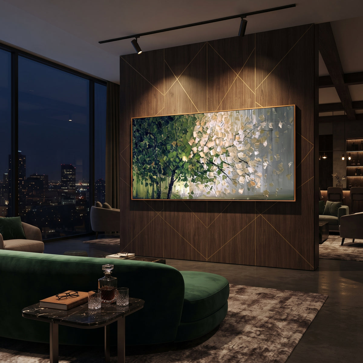 "Woodland Blossom Branch Painting" focuses on atmosphere, surface movement, and sculptural heavy impasto craftsmanship rather than a fixed literal storyline. The composition uses this hand-painted panoramic canvas features a woodland branch composition with dark green foliage, pale cream leaf clusters, fine black branch lines, a cool grey background, and tactile impasto strokes across the tree canopy as the visual anchor, while layered palette-knife paint, raised plaster-like texture, and