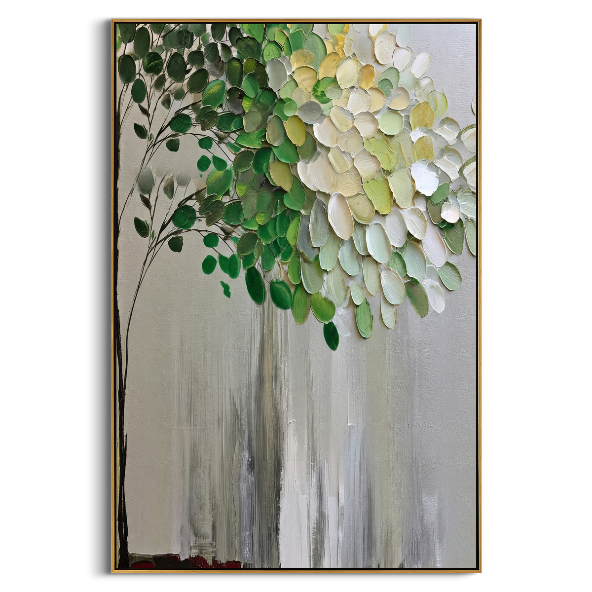 "Vertical Green White Tree Painting" - Modern Heavy Impasto Geometric Abstract | Natural & White Palette Knife Painting | Luxury Vertical Wall Art #PT 1394