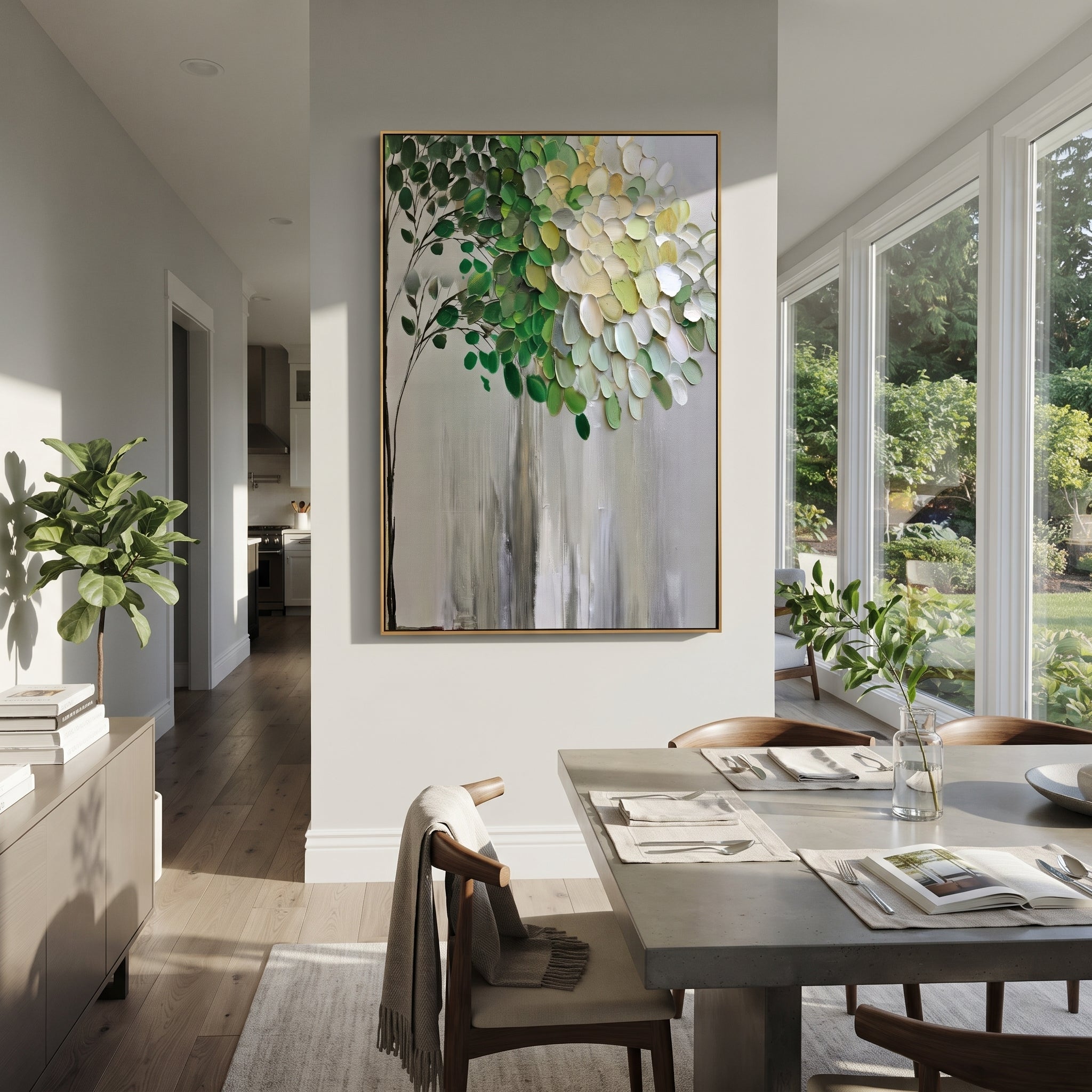 "Vertical Green White Tree Painting" focuses on atmosphere, surface movement, and sculptural heavy impasto craftsmanship rather than a fixed literal storyline. The composition uses this hand-painted vertical canvas shows a slender tree rising against a muted grey background, with dark green leaves, white and pale yellow foliage, fine branch lines, and raised textured paint concentrated through the upper canopy as the visual anchor, while layered palette-knife paint, raised plaster-like texture