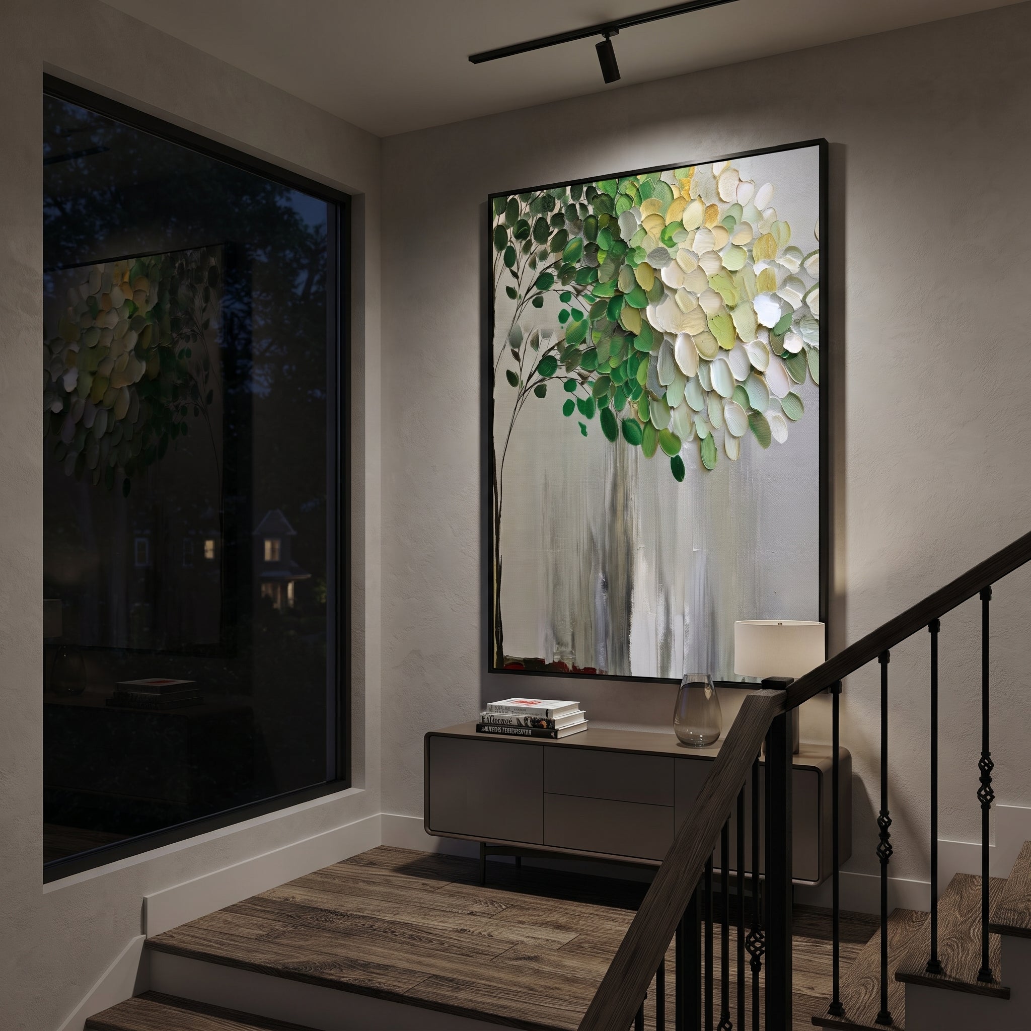 "Vertical Green White Tree Painting" focuses on atmosphere, surface movement, and sculptural heavy impasto craftsmanship rather than a fixed literal storyline. The composition uses this hand-painted vertical canvas shows a slender tree rising against a muted grey background, with dark green leaves, white and pale yellow foliage, fine branch lines, and raised textured paint concentrated through the upper canopy as the visual anchor, while layered palette-knife paint, raised plaster-like texture