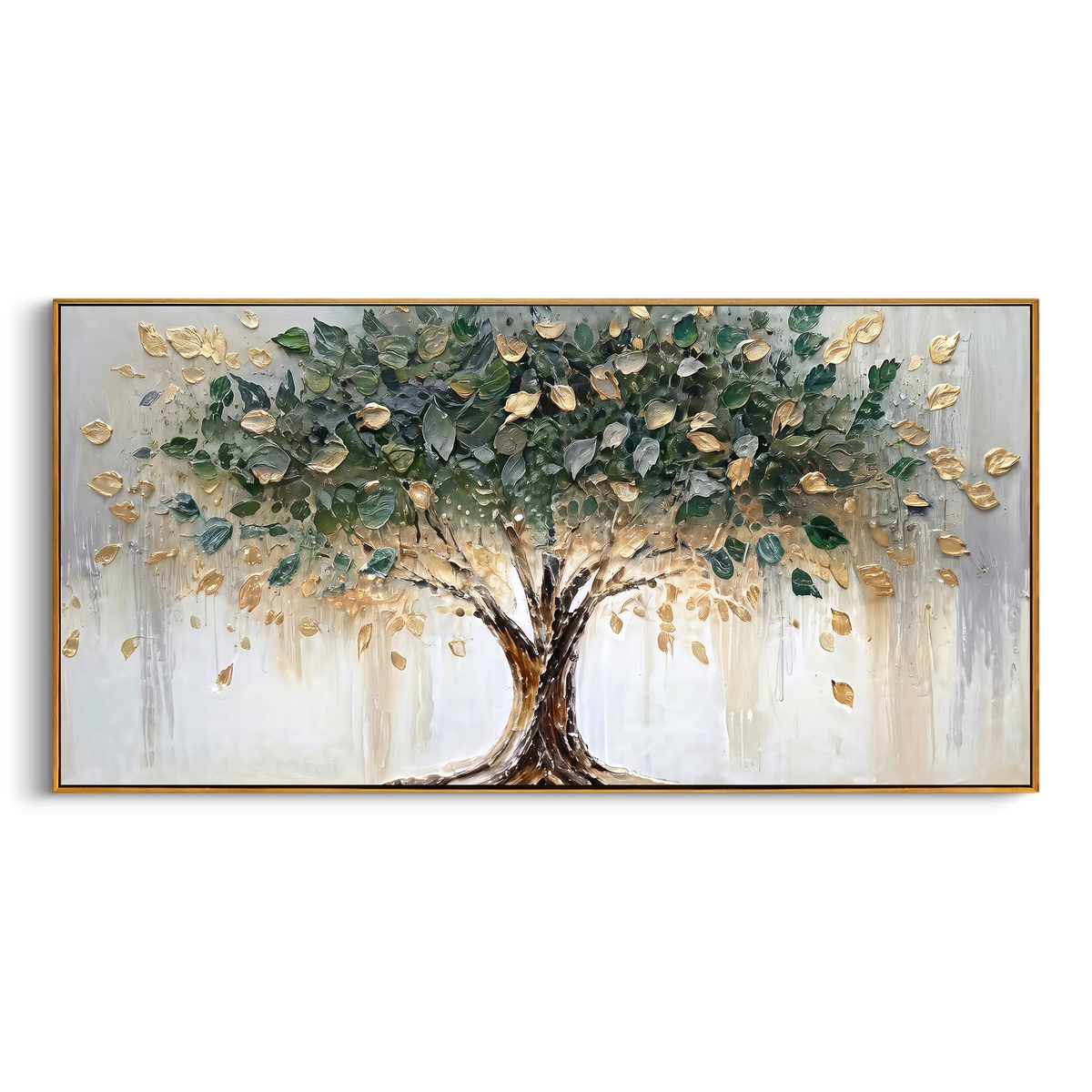 "Golden Leaf Tree Painting" - Modern Heavy Impasto Abstract Artwork | Natural & Golden Palette Knife Painting | Luxury Horizontal Wall Art #PT 1395