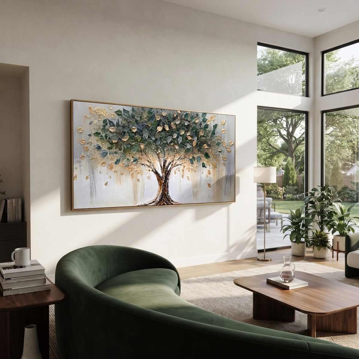 "Golden Leaf Tree Painting" focuses on atmosphere, surface movement, and sculptural heavy impasto craftsmanship rather than a fixed literal storyline. The composition uses this hand-painted panoramic canvas presents a centered tree with sweeping branches, deep green foliage, metallic golden leaves, a bright white-grey background, and sculpted impasto texture that gives the leaves a dimensional handmade surface as the visual anchor, while layered palette-knife paint, raised plaster-like texture