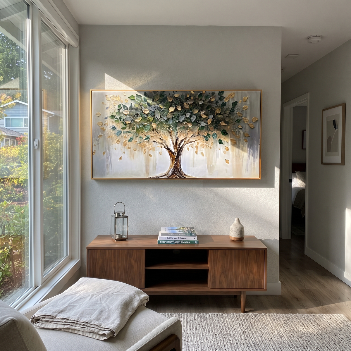 "Golden Leaf Tree Painting" focuses on atmosphere, surface movement, and sculptural heavy impasto craftsmanship rather than a fixed literal storyline. The composition uses this hand-painted panoramic canvas presents a centered tree with sweeping branches, deep green foliage, metallic golden leaves, a bright white-grey background, and sculpted impasto texture that gives the leaves a dimensional handmade surface as the visual anchor, while layered palette-knife paint, raised plaster-like texture