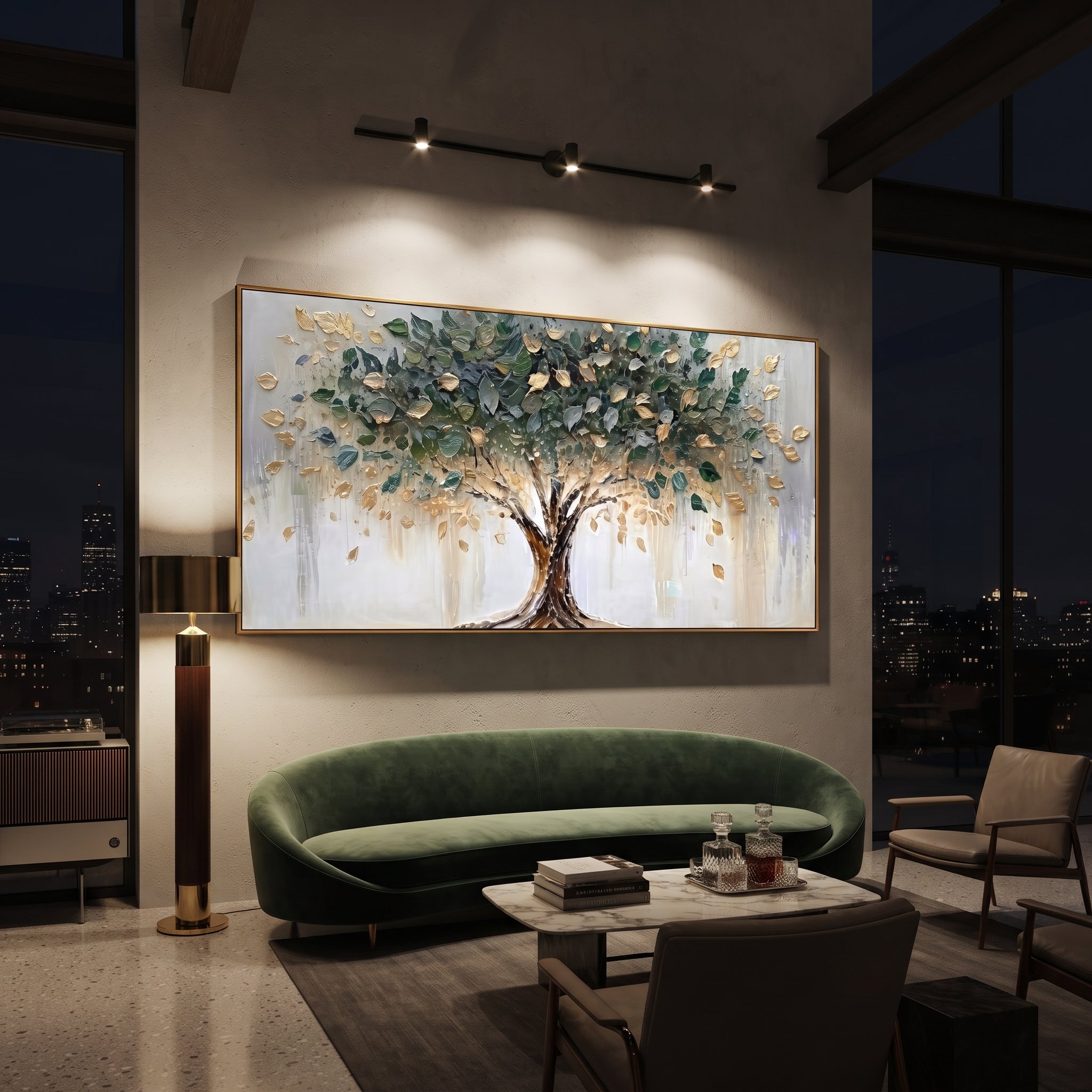 "Golden Leaf Tree Painting" focuses on atmosphere, surface movement, and sculptural heavy impasto craftsmanship rather than a fixed literal storyline. The composition uses this hand-painted panoramic canvas presents a centered tree with sweeping branches, deep green foliage, metallic golden leaves, a bright white-grey background, and sculpted impasto texture that gives the leaves a dimensional handmade surface as the visual anchor, while layered palette-knife paint, raised plaster-like texture